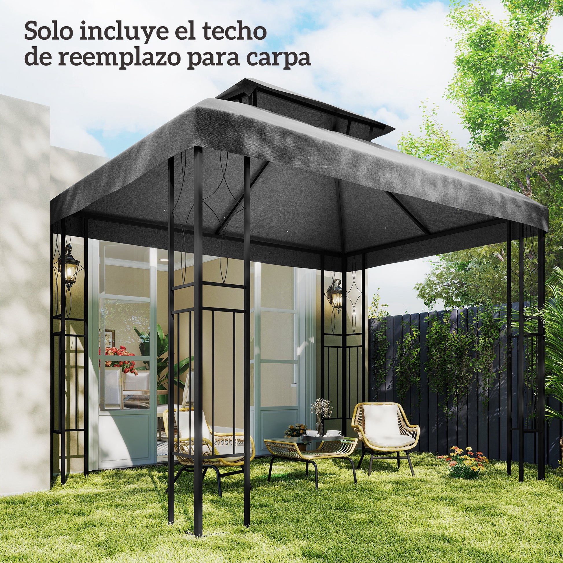 Outsunny Techo de Repuesto para Cenador, 4x3 m, Cubierta de Repuesto con Techo Doble, 10 Orificios de Drenaje y Protección UV, SOLO Toldo de Recambio para Pabellón Gazebo, Gris Oscuro