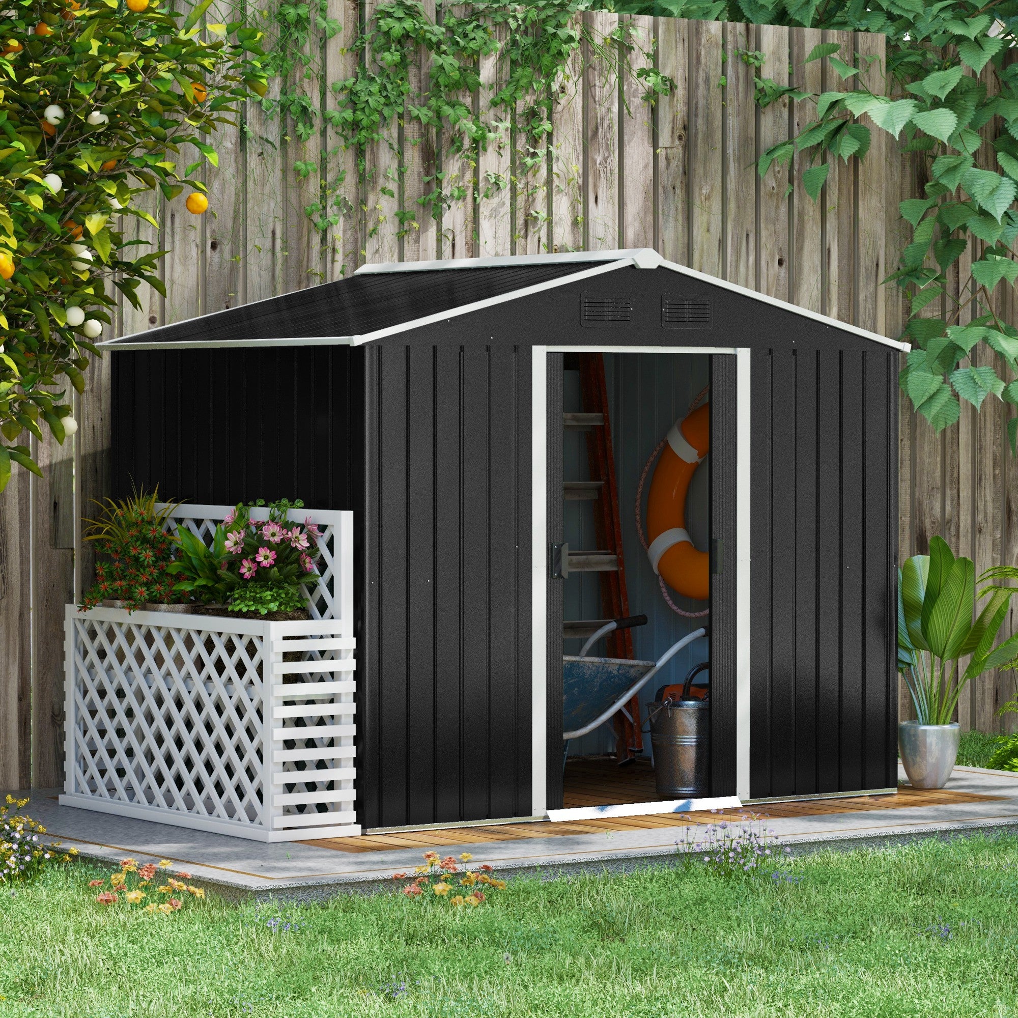 Outsunny Caseta de Jardín Exterior 3,6 m² 236x174x190 cm Cobertizo de Jardín Exterior con 2 Puertas Correderas Techo Inclinado y 4 Ventanas para Patio Terraza Gris