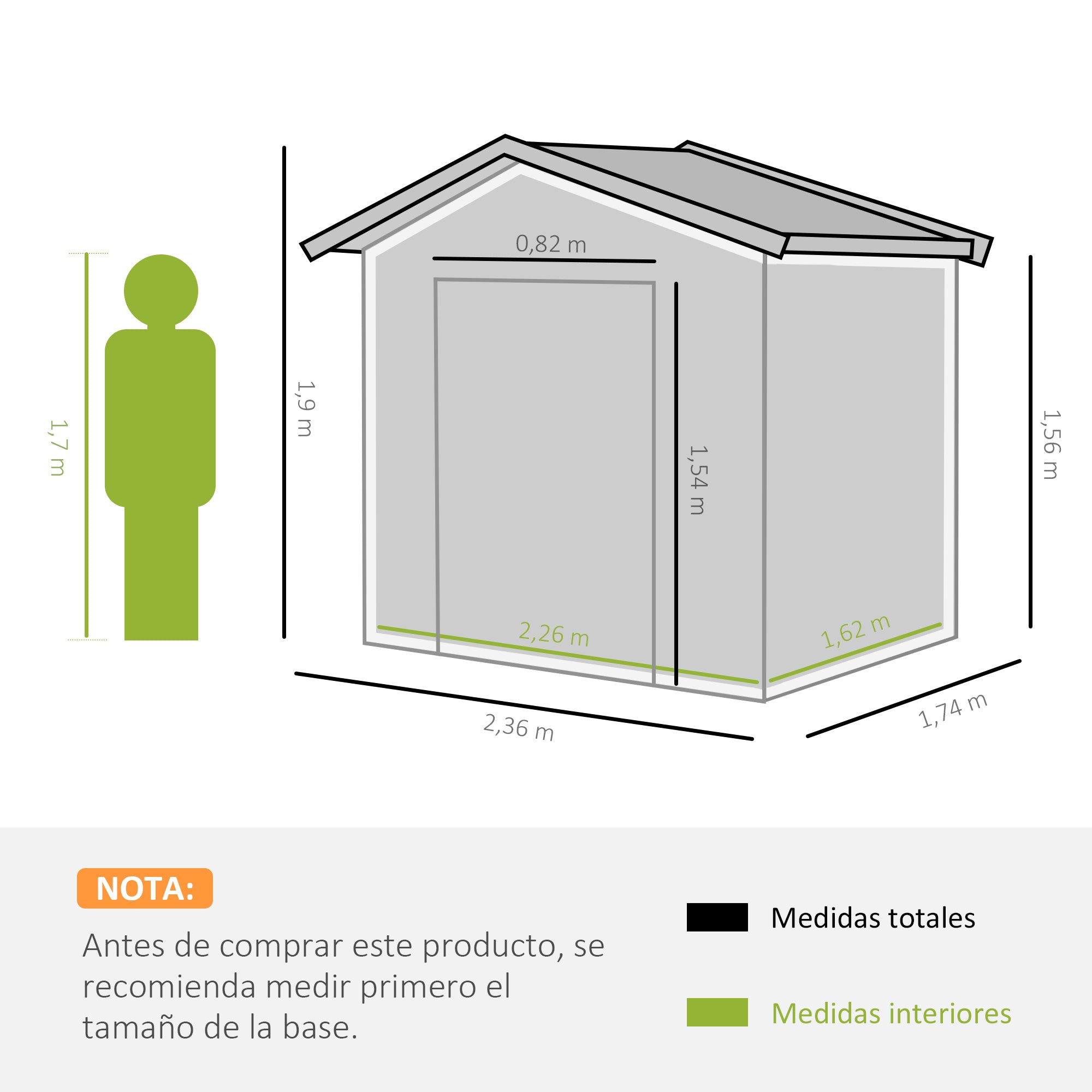 Outsunny Caseta de Jardín Exterior 3,6 m² 236x174x190 cm Cobertizo de Jardín Exterior con 2 Puertas Correderas Techo Inclinado y 4 Ventanas para Patio Terraza Gris