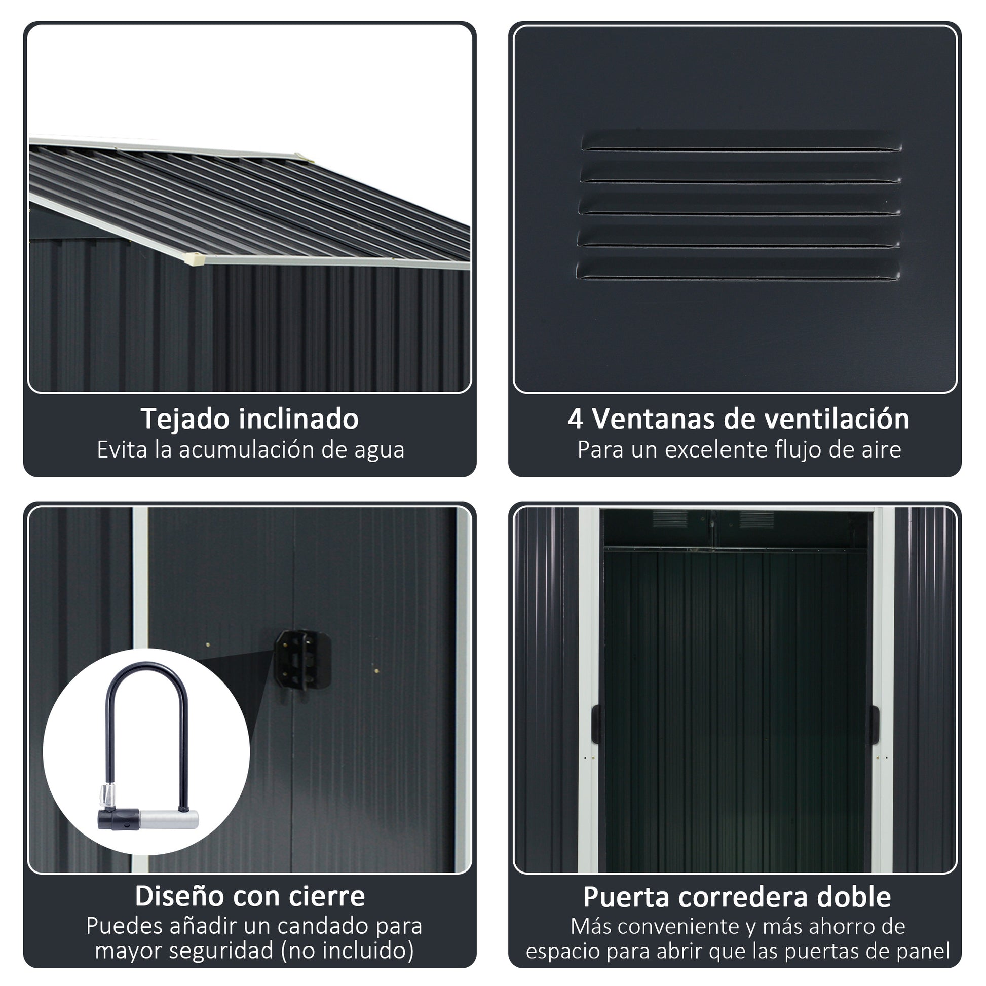 Outsunny Caseta de Jardín Exterior 3,6 m² 236x174x190 cm Cobertizo de Jardín Exterior con 2 Puertas Correderas Techo Inclinado y 4 Ventanas para Patio Terraza Gris