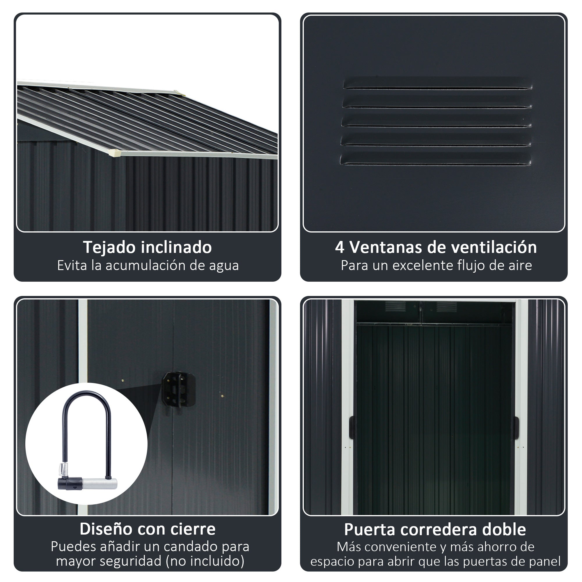 Outsunny Caseta de Jardín Exterior 3,6 m² 236x174x190 cm Cobertizo de Jardín Exterior con 2 Puertas Correderas Techo Inclinado y 4 Ventanas para Patio Terraza Gris