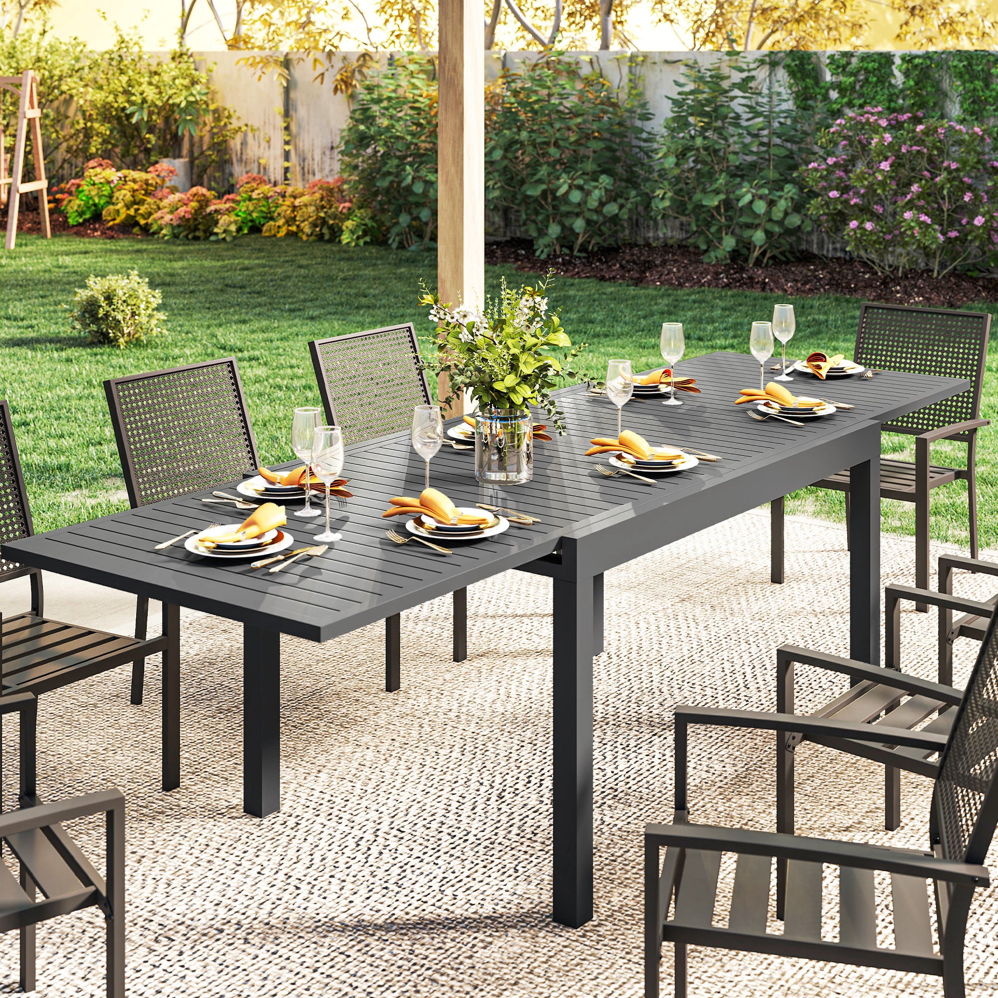 Outsunny Mesa de Jardín Extensible 135/270x90 cm, Mesa de Comedor Exterior Extensible Rectangular de Aluminio, con Superficie de Lamas para 6-10 Personas, para Patio, Terraza, Gris Oscuro