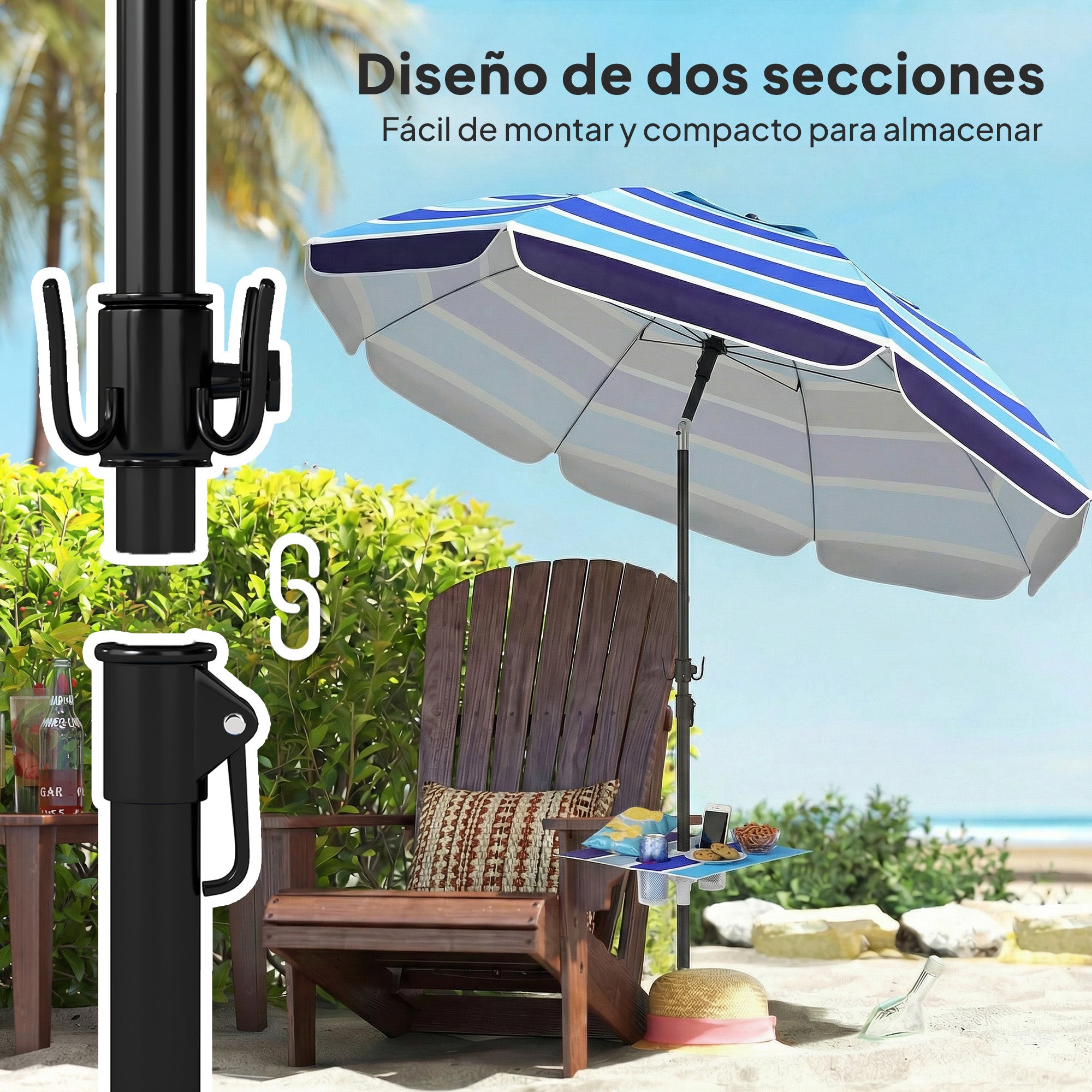 Outsunny Sombrilla de Playa con Mesa Plegable y Portavasos Ø198 cm, Sombrilla de Terraza Exterior con Altura Ajustable, Inclinación, Bolsa de Transporte y Gancho, UV30+, Multicolor
