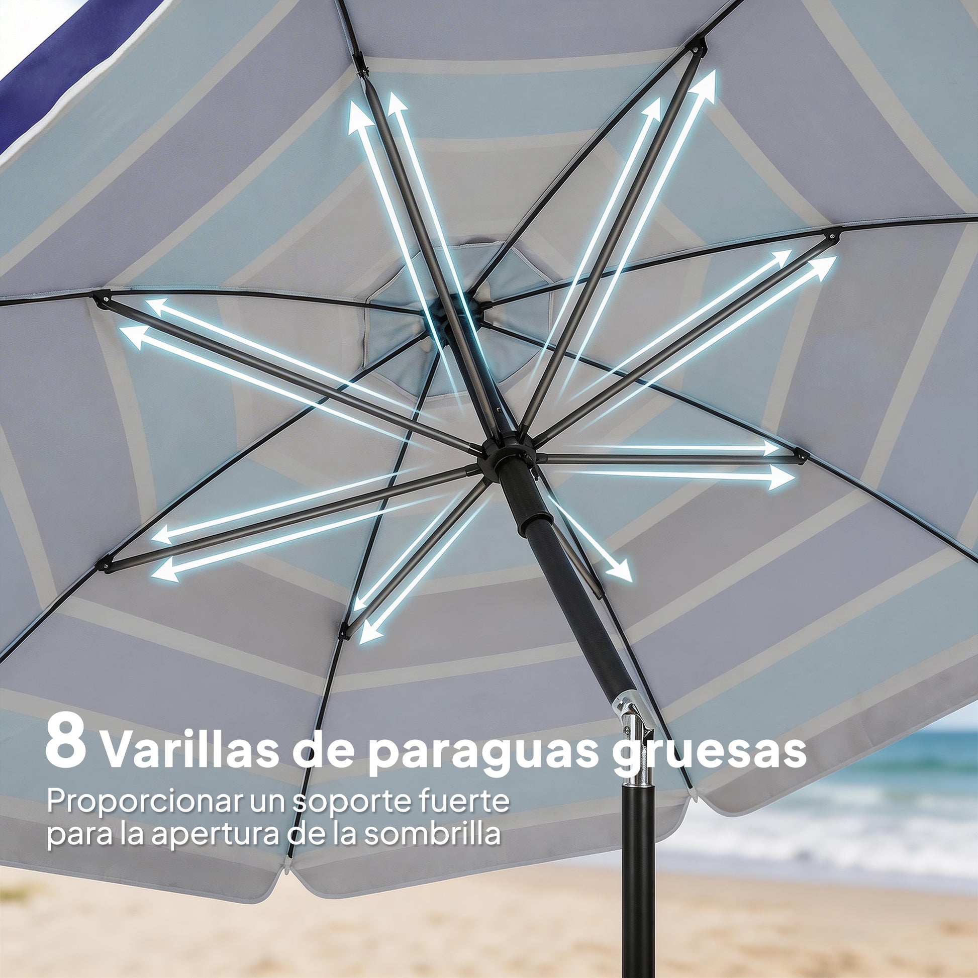 Outsunny Sombrilla de Playa con Mesa Plegable y Portavasos Ø198 cm, Sombrilla de Terraza Exterior con Altura Ajustable, Inclinación, Bolsa de Transporte y Gancho, UV30+, Multicolor