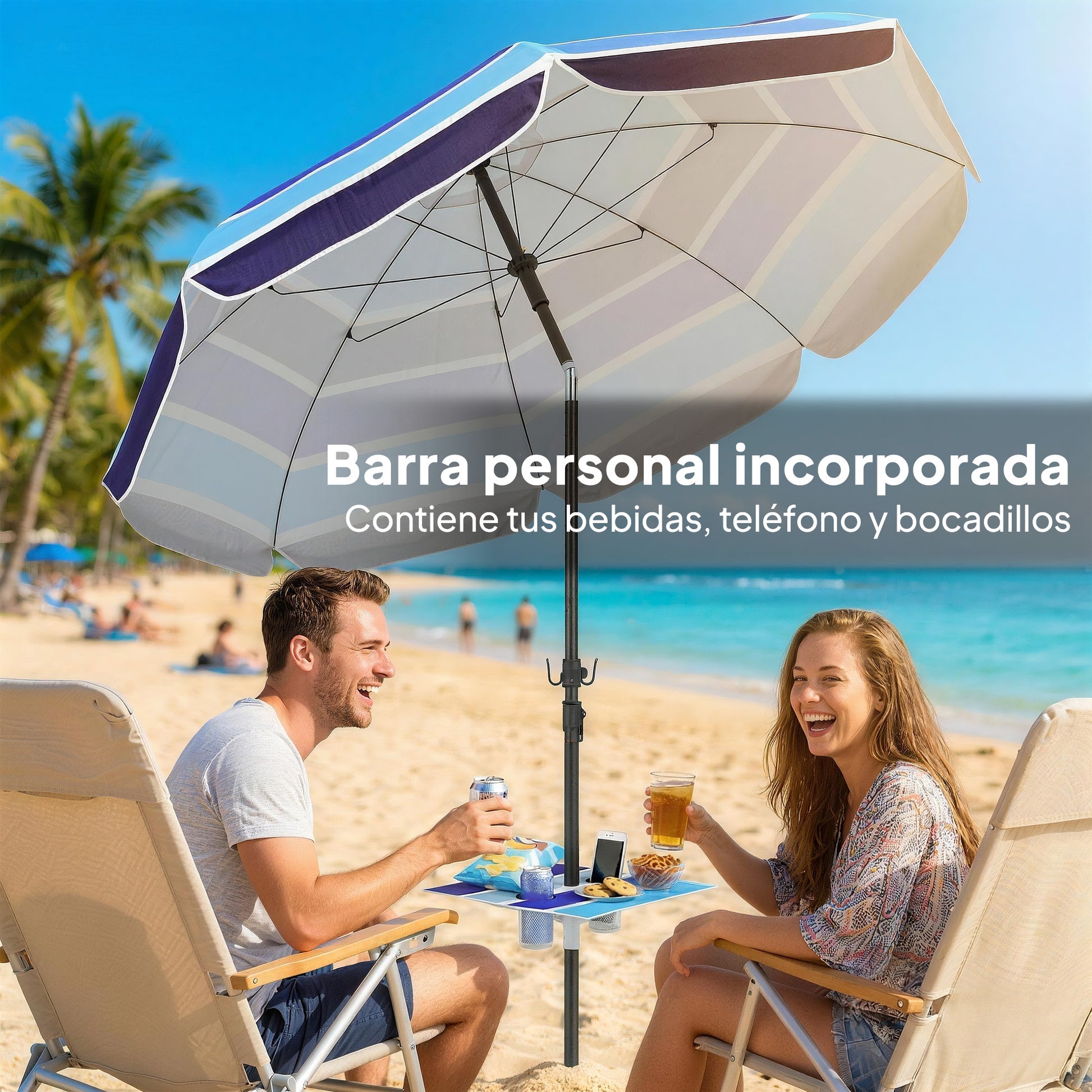 Outsunny Sombrilla de Playa con Mesa Plegable y Portavasos Ø198 cm, Sombrilla de Terraza Exterior con Altura Ajustable, Inclinación, Bolsa de Transporte y Gancho, UV30+, Multicolor