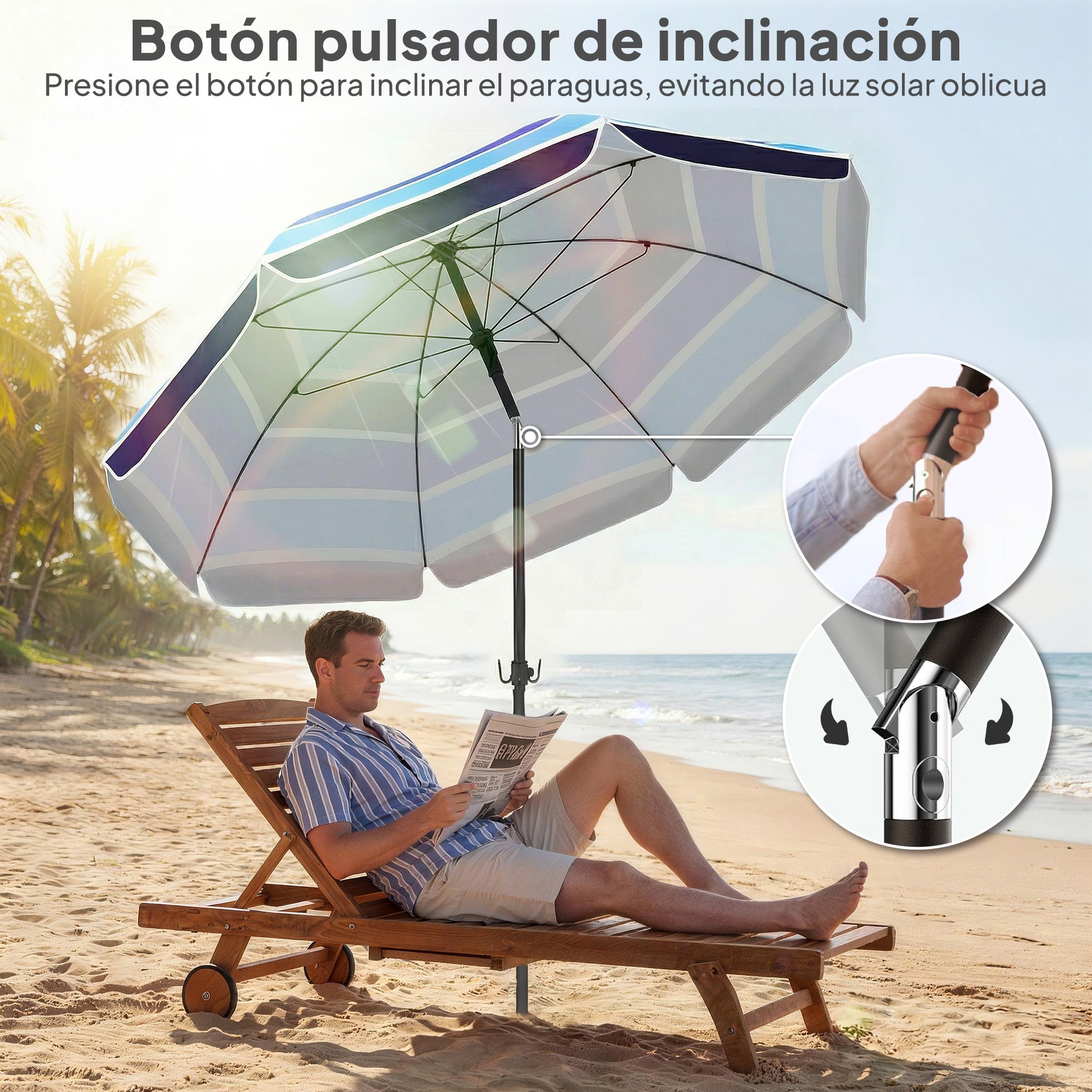 Outsunny Sombrilla de Playa con Mesa Plegable y Portavasos Ø198 cm, Sombrilla de Terraza Exterior con Altura Ajustable, Inclinación, Bolsa de Transporte y Gancho, UV30+, Multicolor