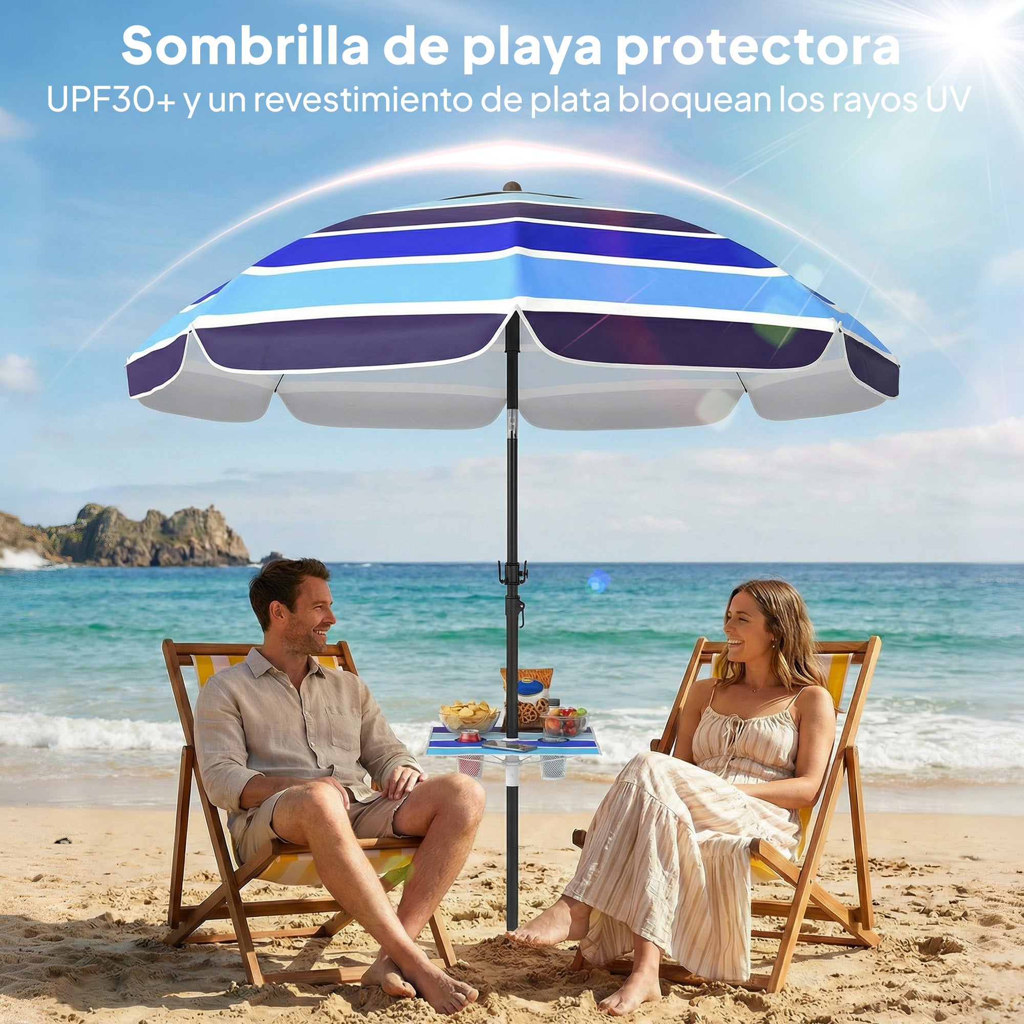 Outsunny Sombrilla de Playa con Mesa Plegable y Portavasos Ø198 cm, Sombrilla de Terraza Exterior con Altura Ajustable, Inclinación, Bolsa de Transporte y Gancho, UV30+, Multicolor