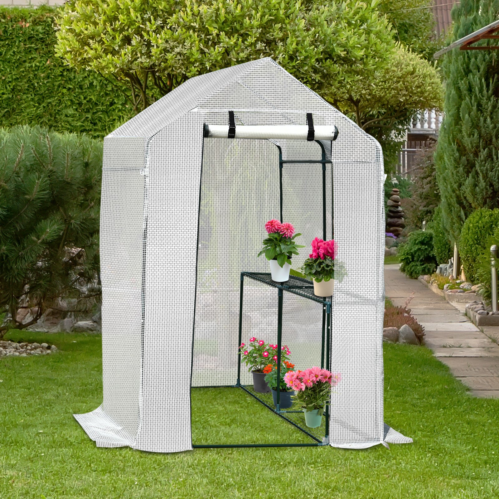Outsunny Invernadero con Estantes para Flores Vivero Casero para Cultivo de Plantas con Puerta de Cremallera Malla de PE 186x120x190cm