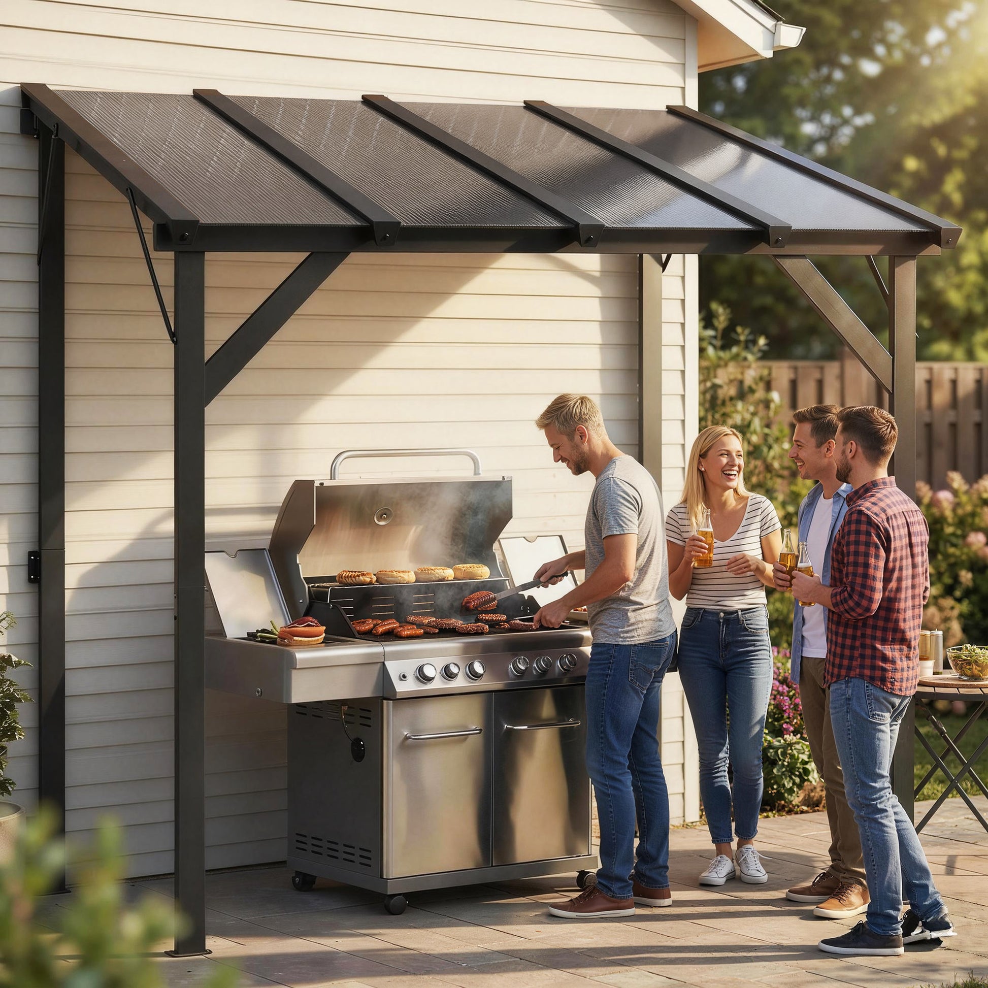 Outsunny Carpa Barbacoa 2,5x1,5 m, Gazebo para Barbacoa con Techo Inclinable de Policarbonato, UPF50+, Estructura de Metal Galvanizado y Aluminio, Diseño Adosado para Jardín Exterior, BBQ, Gris Oscuro