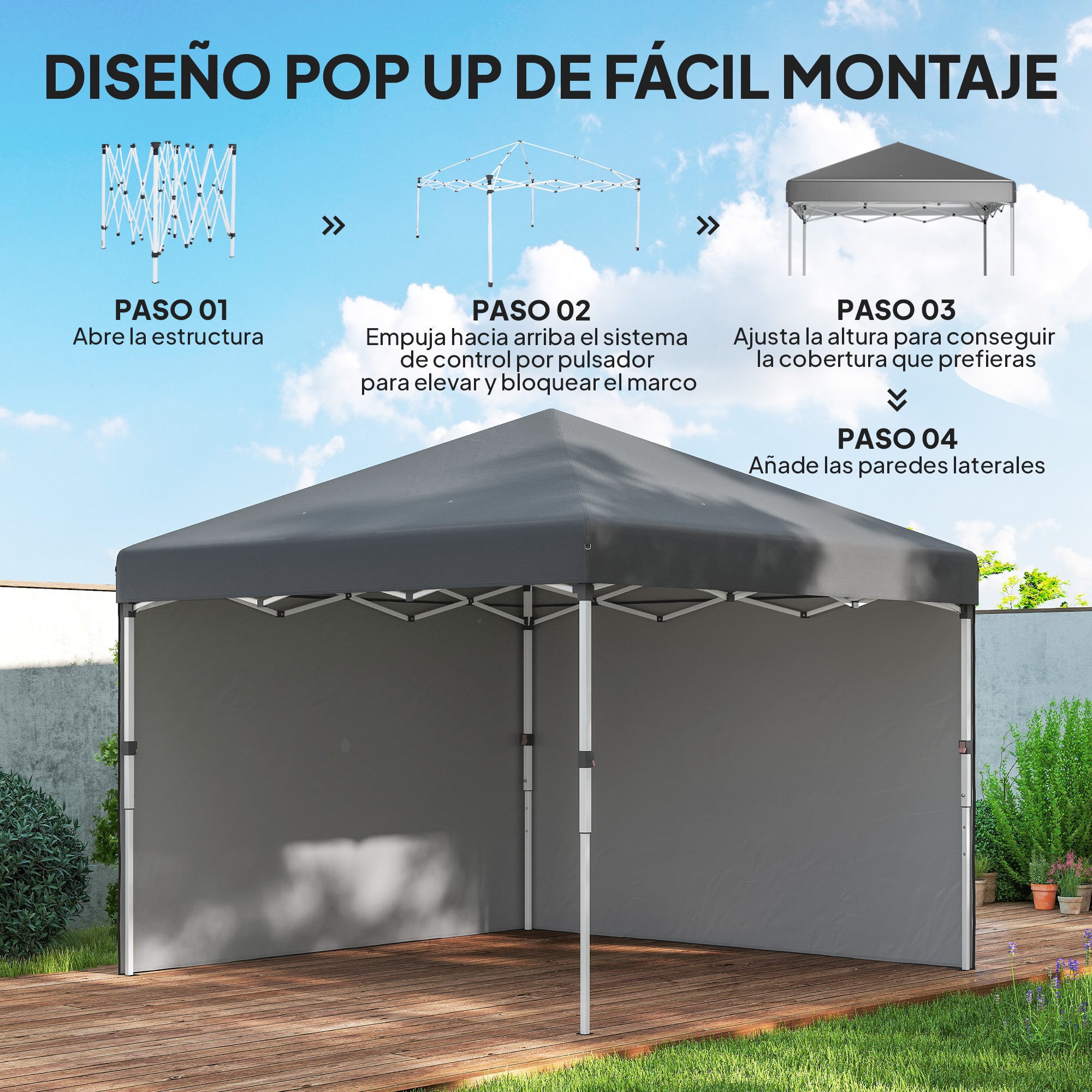 Outsunny Carpa Plegable Pop-up Gazebo 3x3 m Cenador Plegable con 2 Paredes Laterales Anti-UV Altura Ajustable en 3 Niveles Sacos de Arena y Bolsa de Transporte con Ruedas para Camping Gris Oscuro
