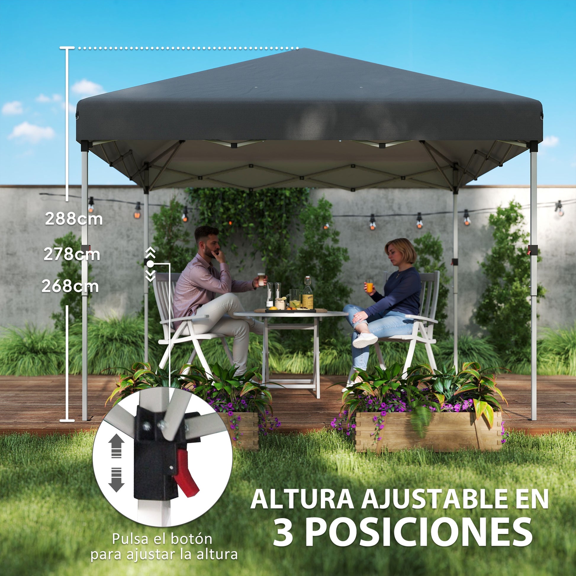 Outsunny Carpa Plegable Pop-up Gazebo 3x3 m Cenador Plegable con 2 Paredes Laterales Anti-UV Altura Ajustable en 3 Niveles Sacos de Arena y Bolsa de Transporte con Ruedas para Camping Gris Oscuro