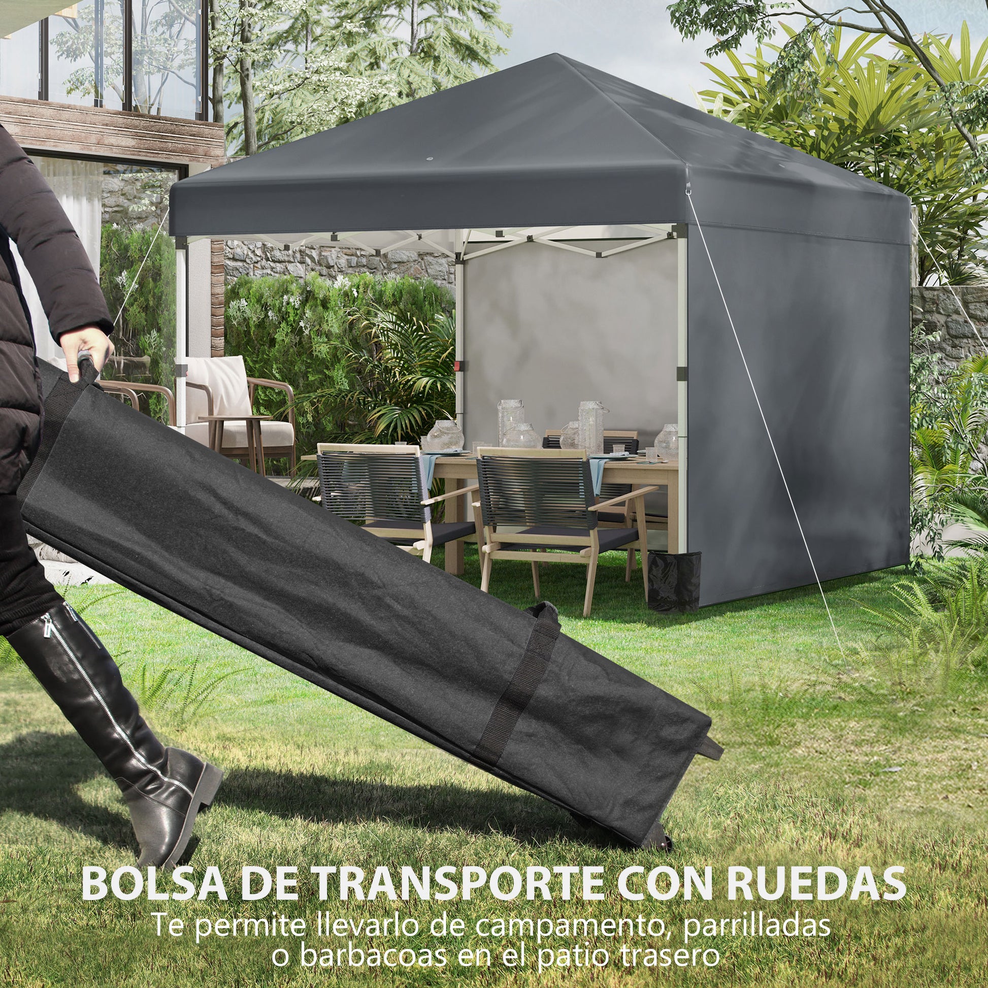 Outsunny Carpa Plegable Pop-up Gazebo 3x3 m Cenador Plegable con 2 Paredes Laterales Anti-UV Altura Ajustable en 3 Niveles Sacos de Arena y Bolsa de Transporte con Ruedas para Camping Gris Oscuro