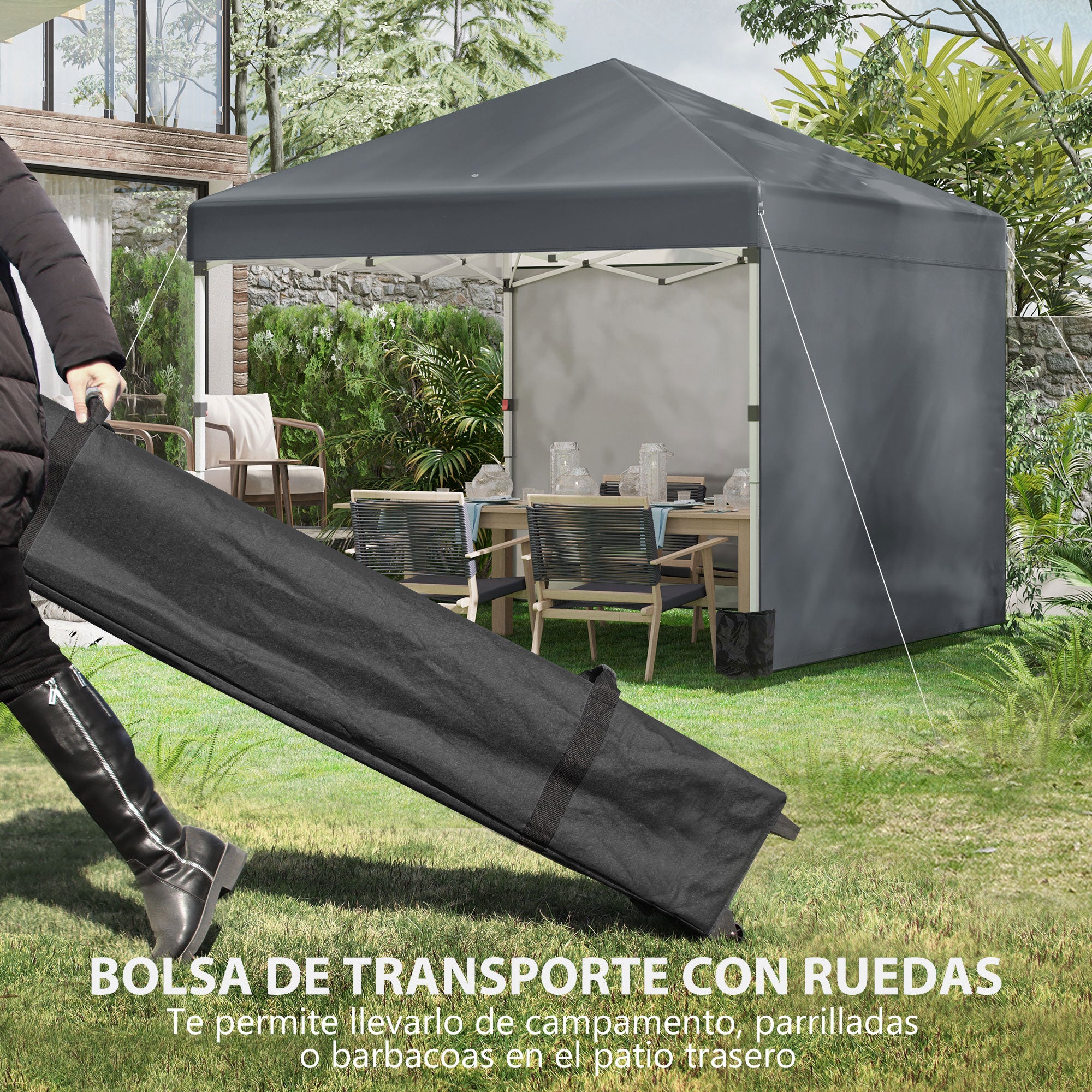 Outsunny Carpa Plegable Pop-up Gazebo 3x3 m Cenador Plegable con 2 Paredes Laterales Anti-UV Altura Ajustable en 3 Niveles Sacos de Arena y Bolsa de Transporte con Ruedas para Camping Gris Oscuro