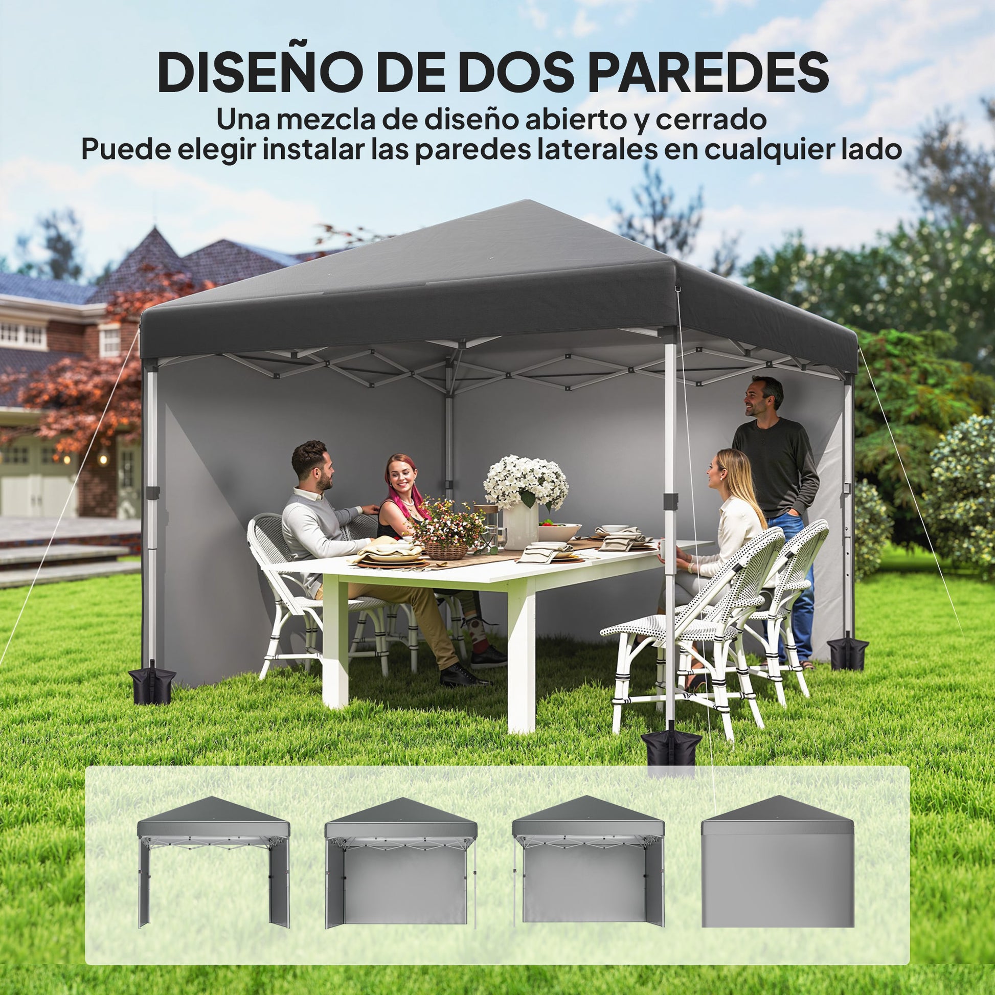 Outsunny Carpa Plegable Pop-up Gazebo 3x3 m Cenador Plegable con 2 Paredes Laterales Anti-UV Altura Ajustable en 3 Niveles Sacos de Arena y Bolsa de Transporte con Ruedas para Camping Gris Oscuro
