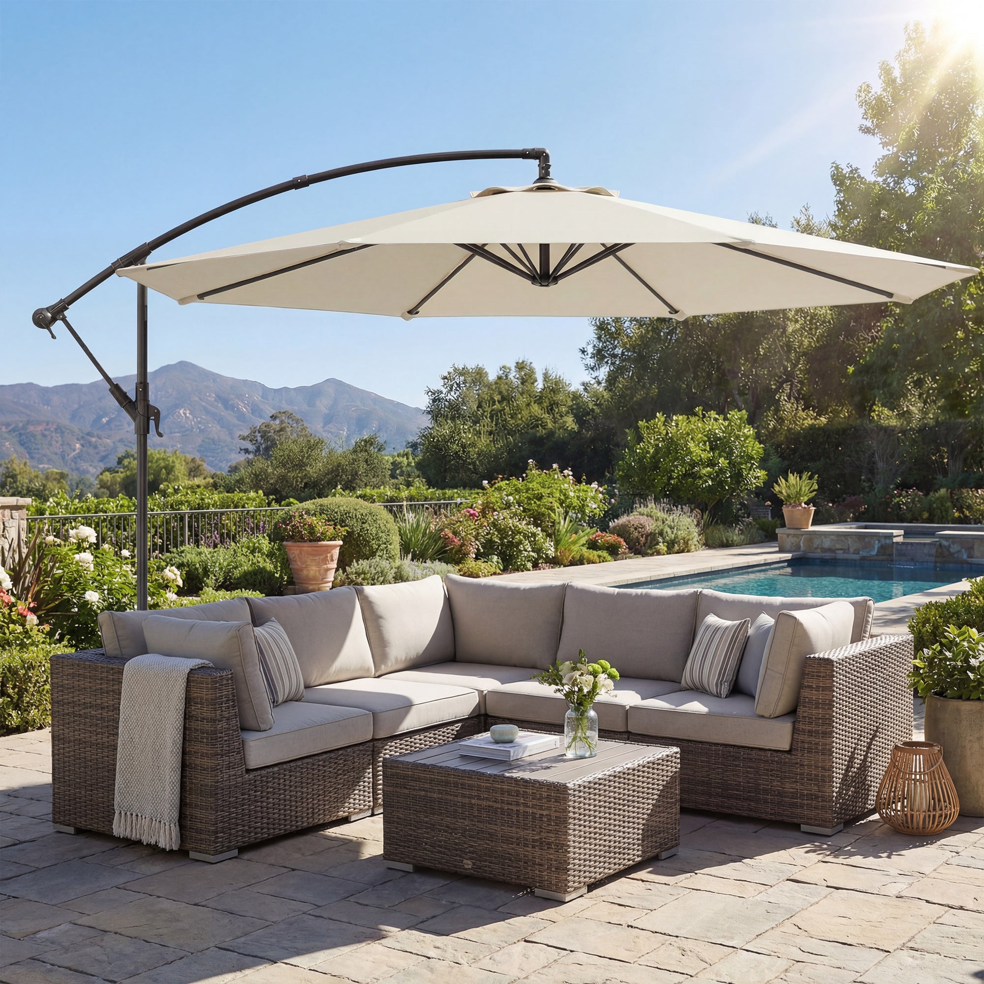 Outsunny Parasol Excéntrico, Ø300 cm, Sombrilla de Jardín con Base Cruzada, Toldo Ajustable, Manivela, 8 Barras, UPF30+, para Terraza, Patio, Exterior, Blanco Crema