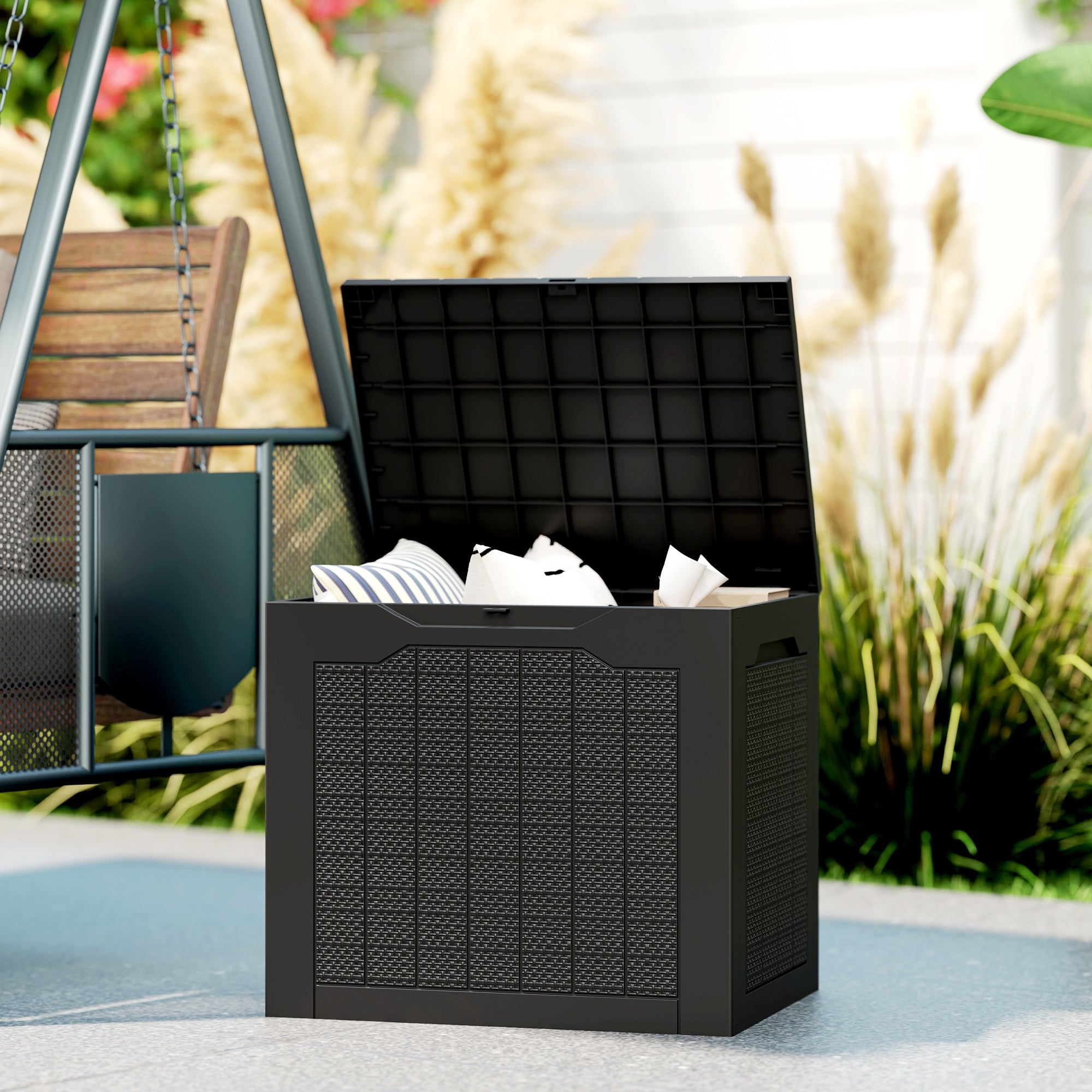 Outsunny Baúl de Almacenaje Exterior 93L Arcón de Jardín Exterior Pequeño de Plástico Impermeable con 2 Asas Integradas y Soporte para Candado 56x41x50 cm Negro