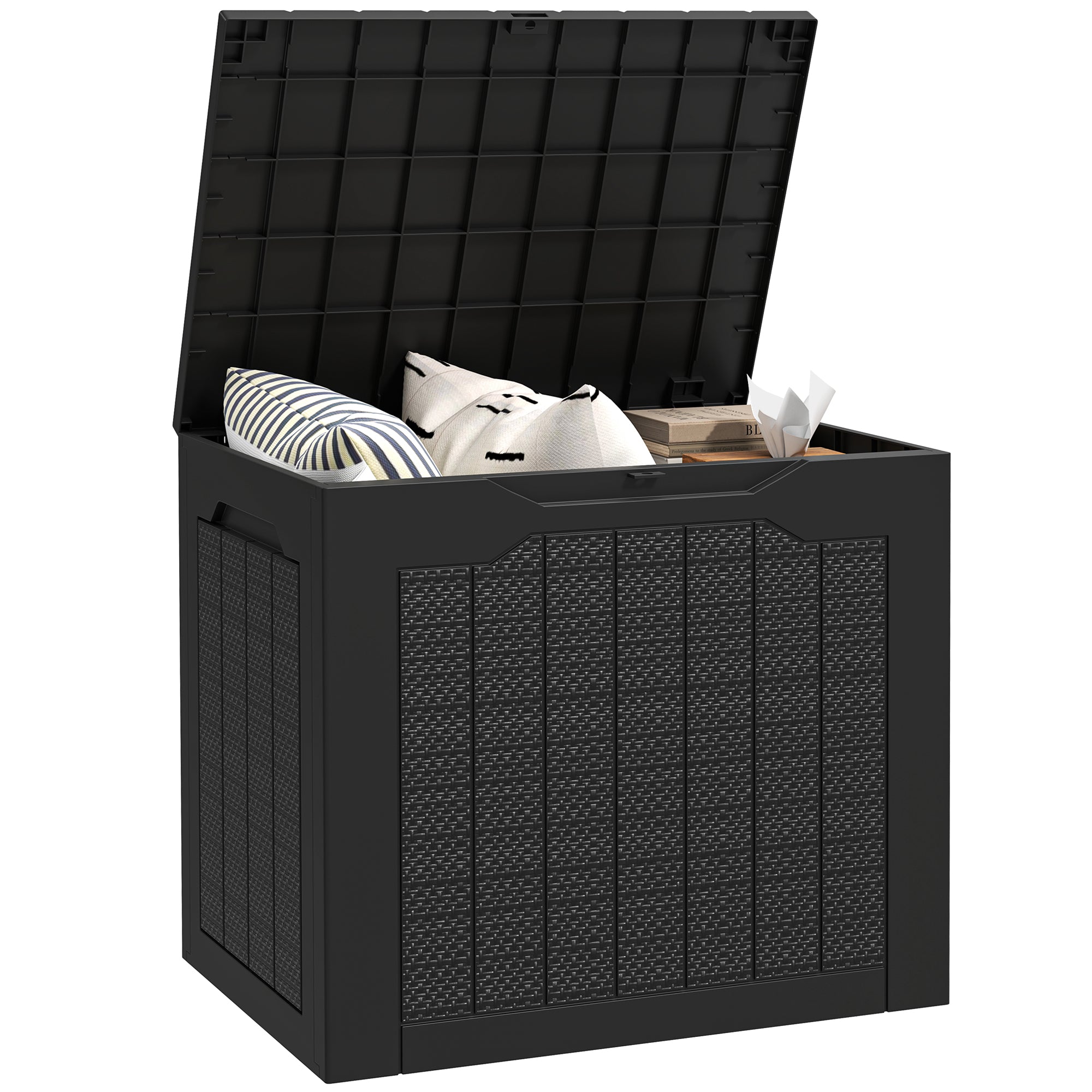 Outsunny Baúl de Almacenaje Exterior 93L Arcón de Jardín Exterior Pequeño de Plástico Impermeable con 2 Asas Integradas y Soporte para Candado 56x41x50 cm Negro