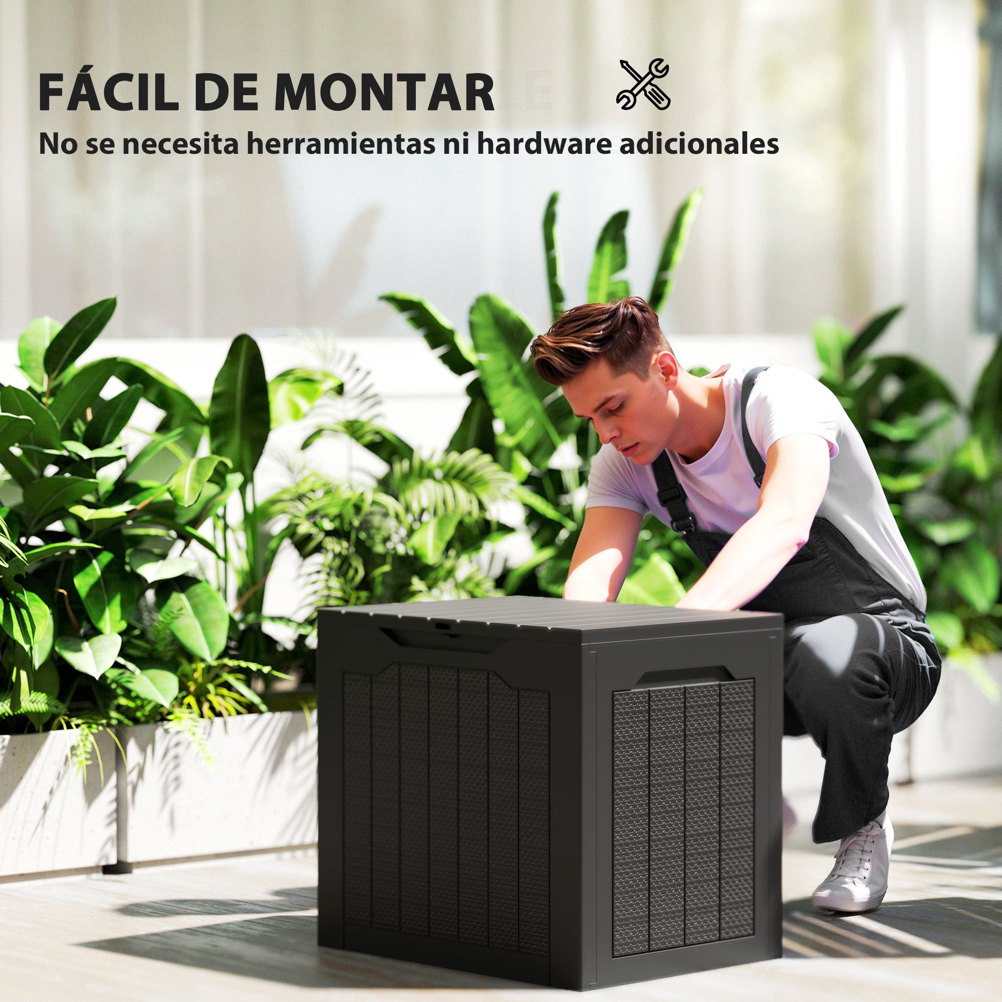 Outsunny Baúl de Almacenaje Exterior 93L Arcón de Jardín Exterior Pequeño de Plástico Impermeable con 2 Asas Integradas y Soporte para Candado 56x41x50 cm Negro