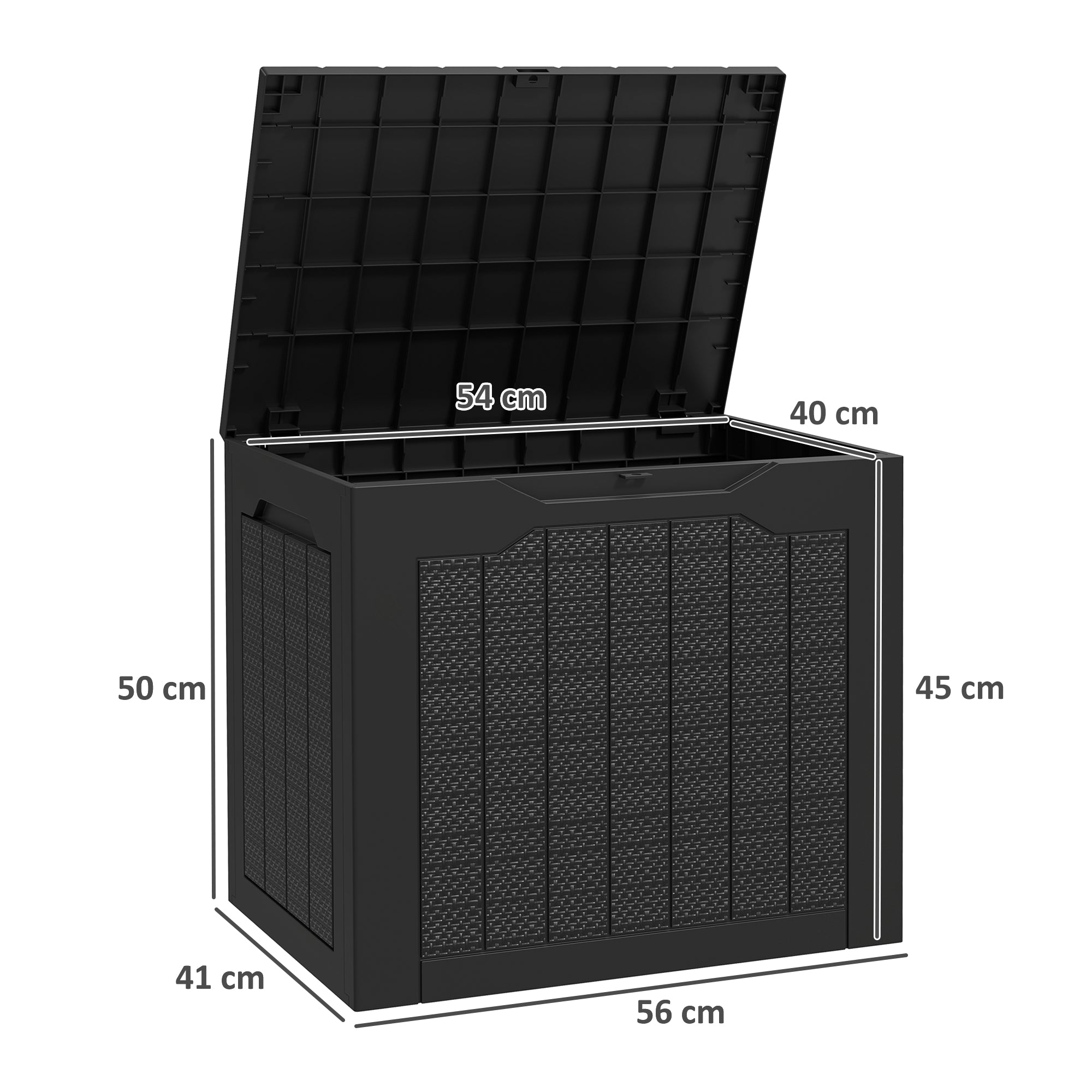 Outsunny Baúl de Almacenaje Exterior 93L Arcón de Jardín Exterior Pequeño de Plástico Impermeable con 2 Asas Integradas y Soporte para Candado 56x41x50 cm Negro