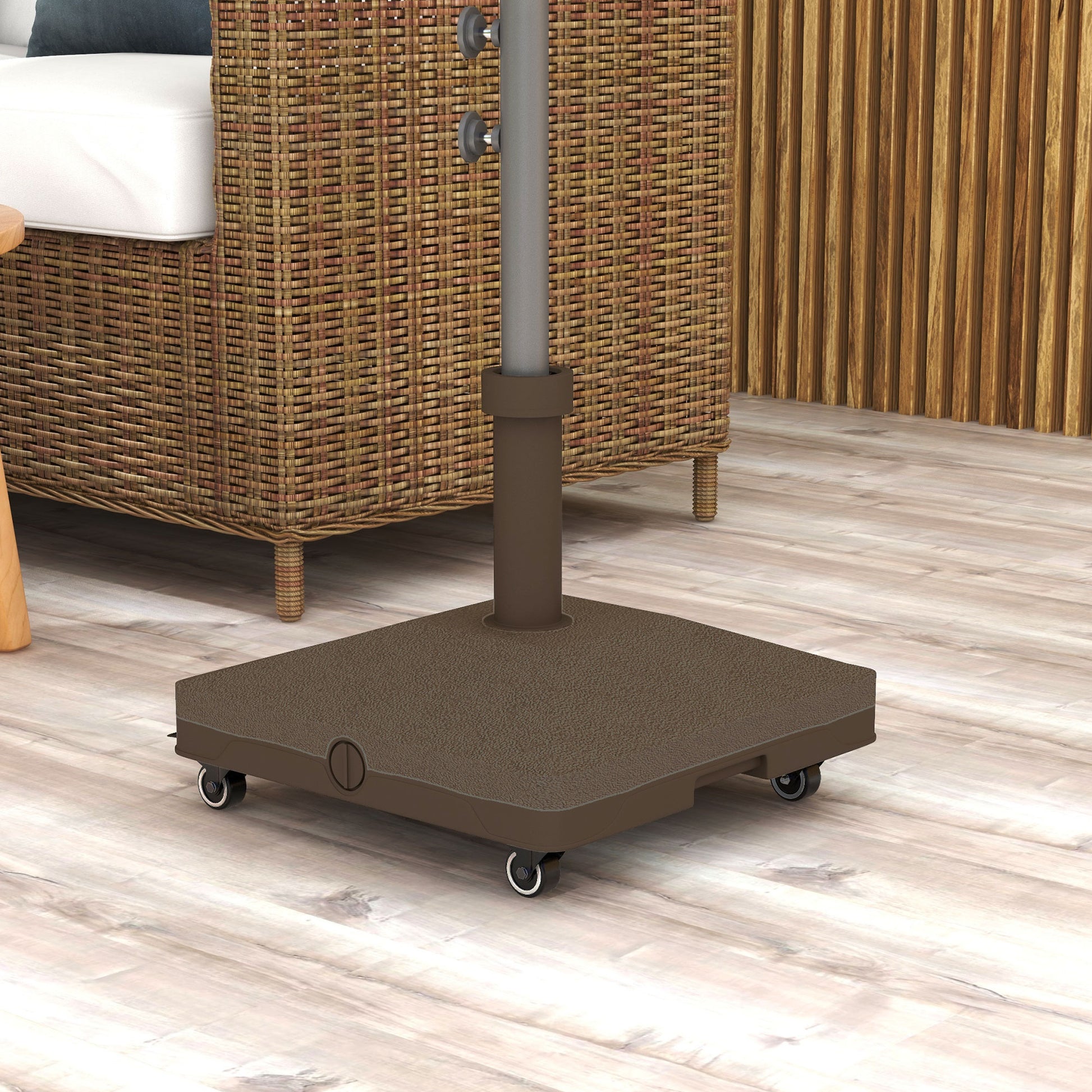 Outsunny Base para Sombrilla con Ruedas, 2,5 kg, Soporte de Parasol de HDPE, Pie para Sombrilla con Postes Ø22 mm a Ø38 mm, Rellenable de Arena 18 kg o Agua 16 kg, para Jardín, Patio, Terraza, Marrón
