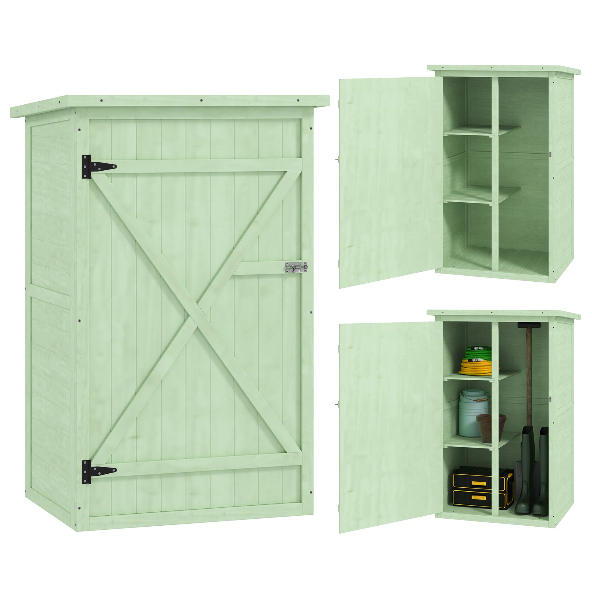 Outsunny Caseta de Jardín de Madera 75x56x115 cm Armario Cobertizo de Exterior para Herramientas con 3 Estantes Interiores Puerta con Pestillo y Techo Asfáltico Verde