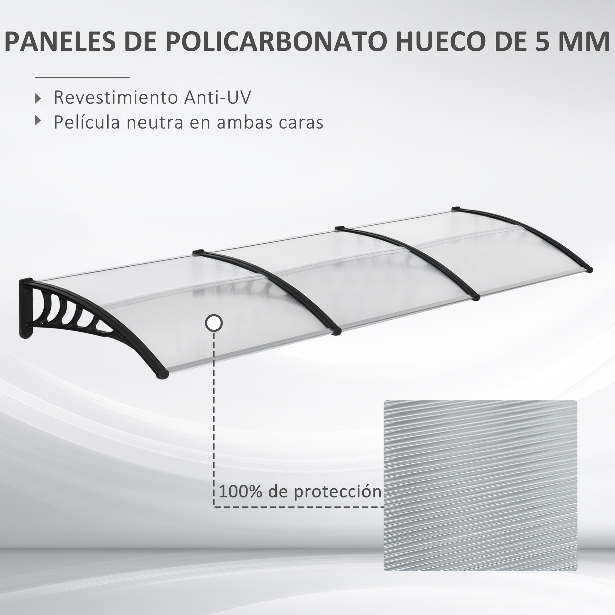 Outsunny Tejadillo de Protección 303x96 cm Marquesina Exterior para Puertas y Ventanas contra Sol y Lluvia con Soporte de Aleación de Aluminio PP Policarbonato Transparente