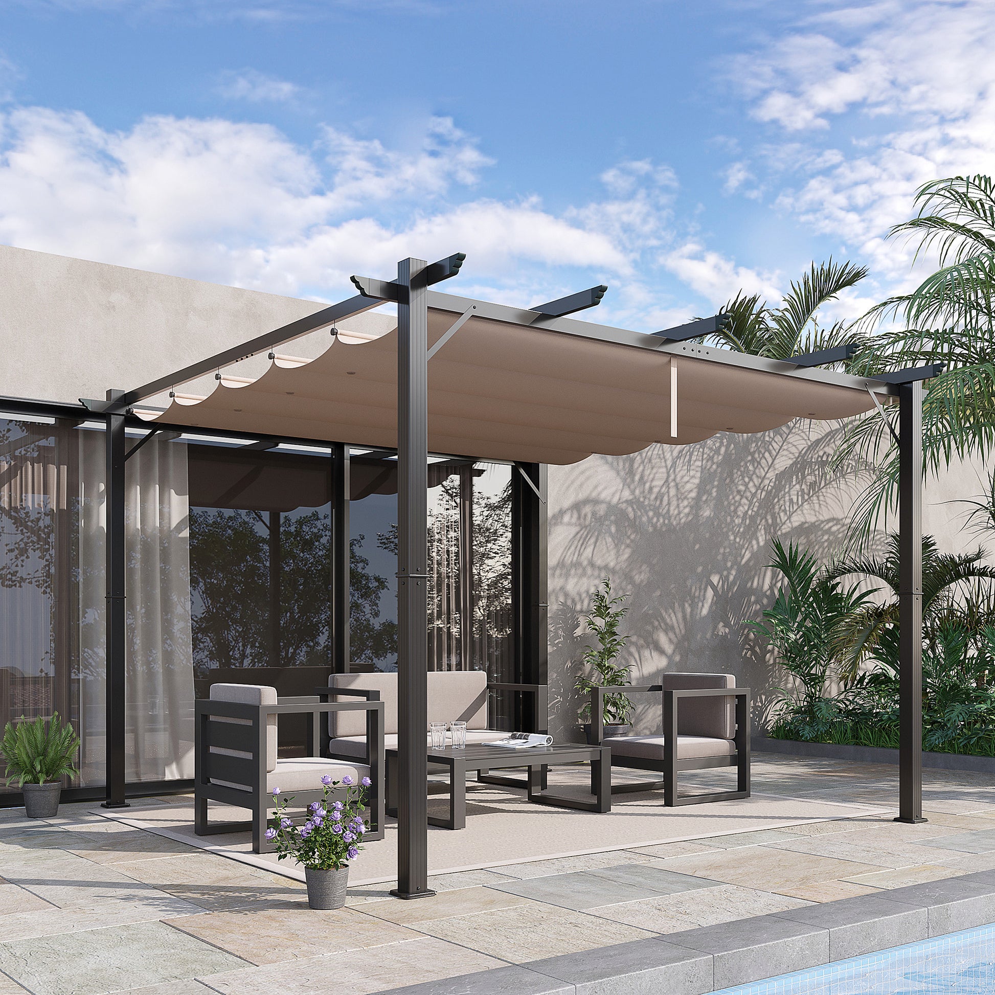 Outsunny Pérgola con Techo Retráctil Pérgola de Aluminio 3x3 m Cenador con Tela de Poliéster Resistente al Agua Anti-UV Pabellón para Jardín Patio Terraza Exterior Marrón y Gris