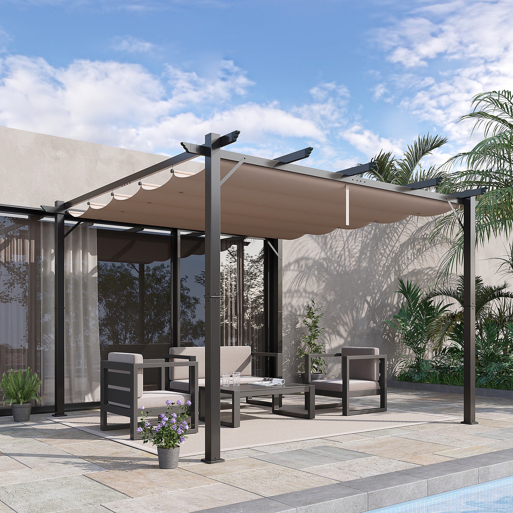 Outsunny Pérgola con Techo Retráctil Pérgola de Aluminio 3x3 m Cenador con Tela de Poliéster Resistente al Agua Anti-UV Pabellón para Jardín Patio Terraza Exterior Marrón y Gris