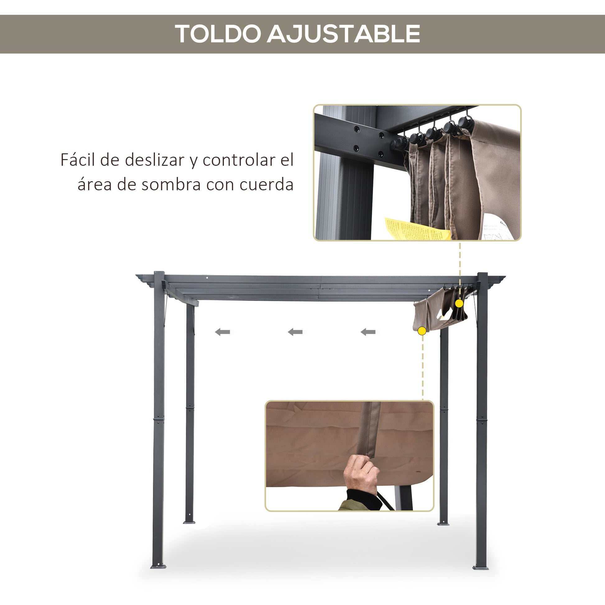 Outsunny Pérgola con Techo Retráctil Pérgola de Aluminio 3x3 m Cenador con Tela de Poliéster Resistente al Agua Anti-UV Pabellón para Jardín Patio Terraza Exterior Marrón y Gris