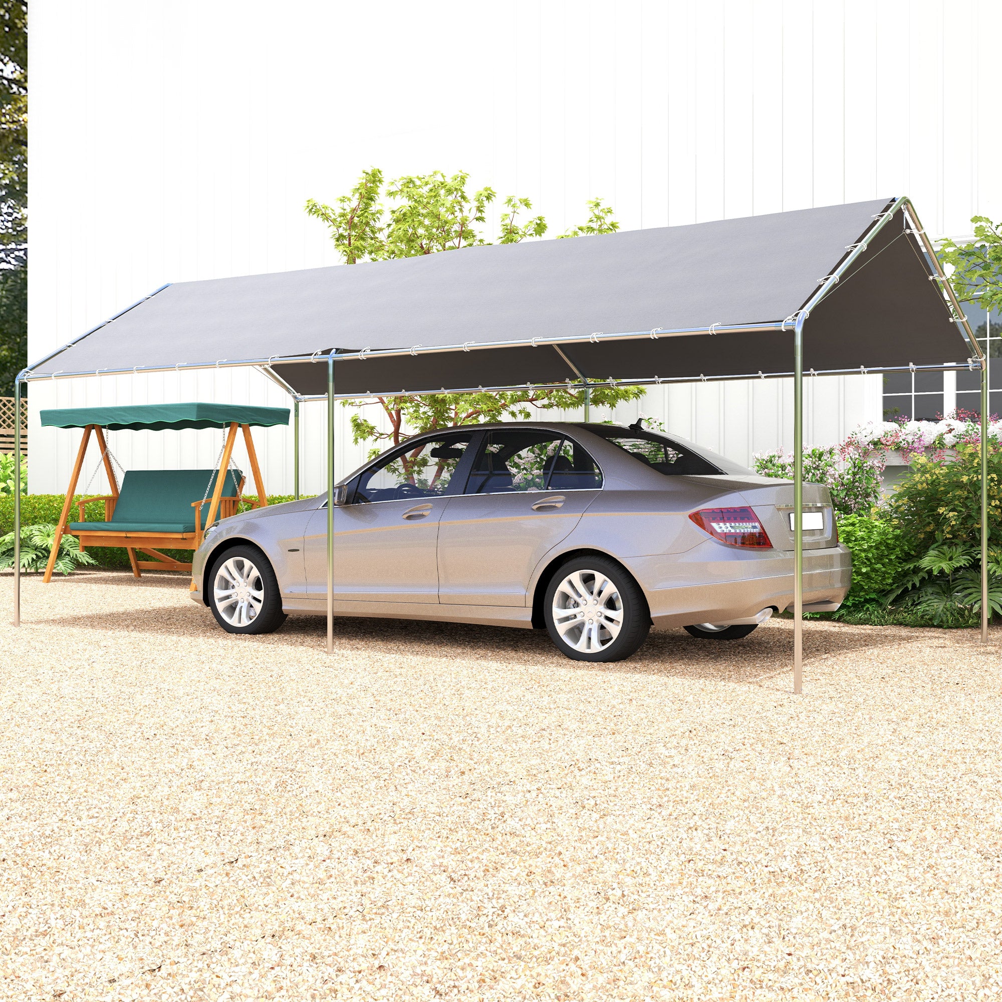 Outsunny Cochera Exterior 3x6 m Carpa Garaje para Coche Impermeable con Toldo de Tela PE y Marco de Acero Galvanizado Pabellón Gazebo para Jardín Patio Gris