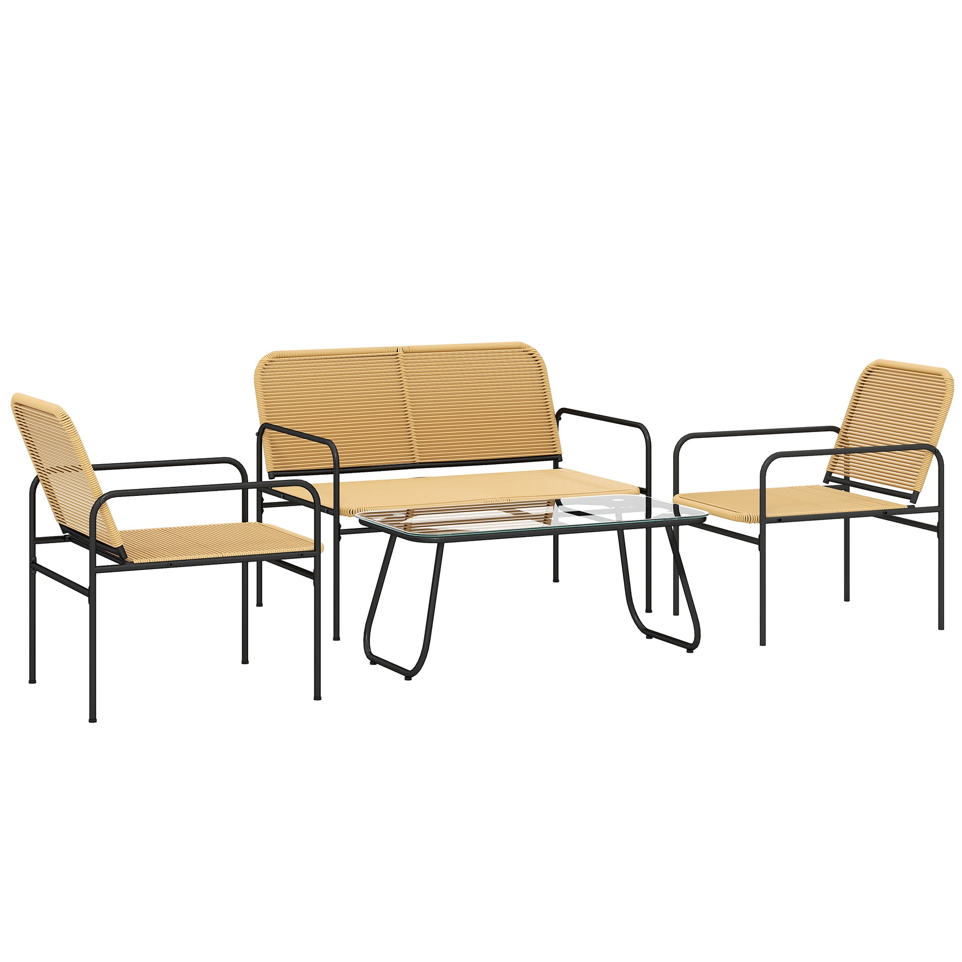 Outsunny Conjunto Jardín Exterior de Ratán Conjunto Terraza Resistente a la Intemperie Muebles Jardín Exterior con 2 Sillones Sofá de 2 Plazas y Mesa de Tablero de Vidrio Templado Natural