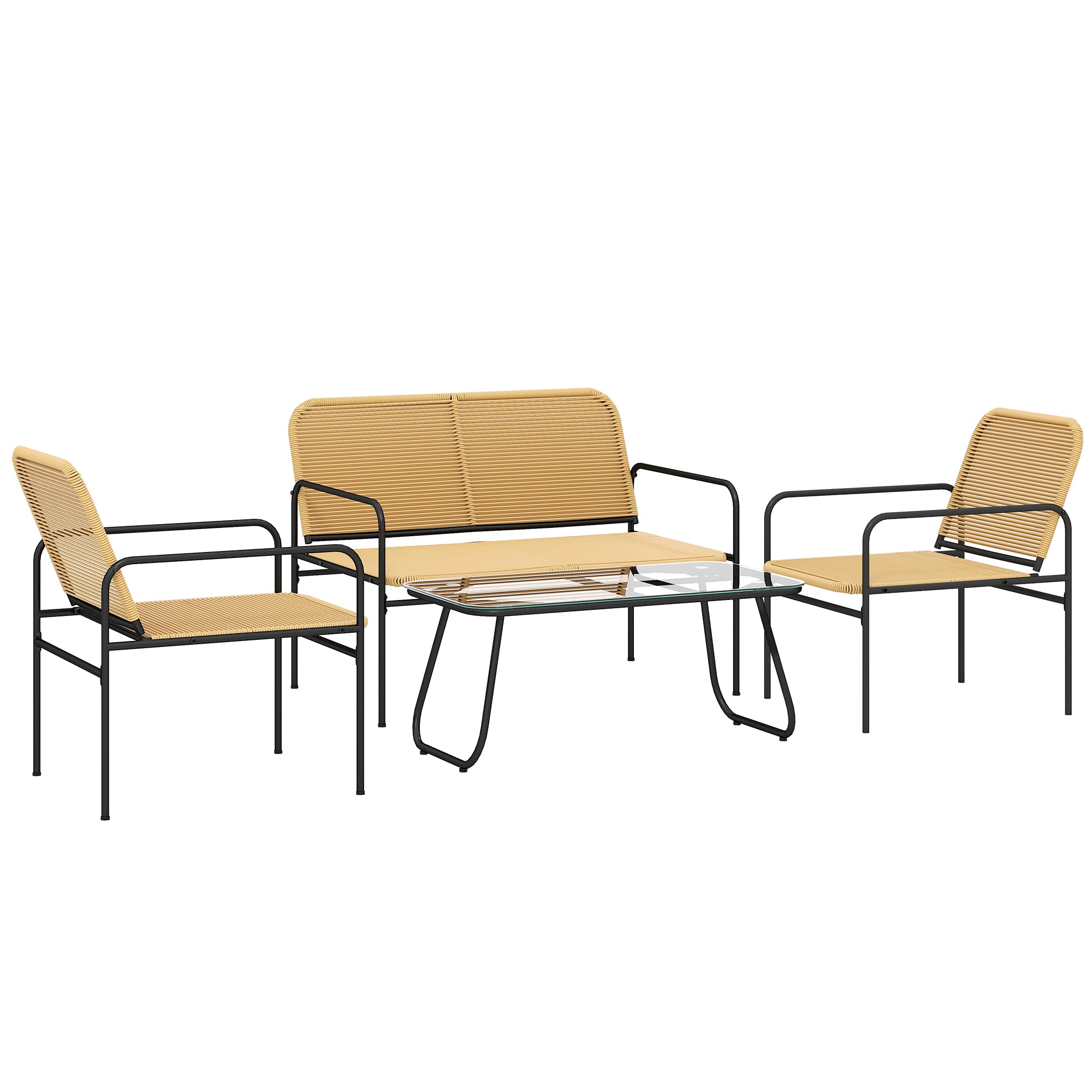 Outsunny Conjunto Jardín Exterior de Ratán Conjunto Terraza Resistente a la Intemperie Muebles Jardín Exterior con 2 Sillones Sofá de 2 Plazas y Mesa de Tablero de Vidrio Templado Natural