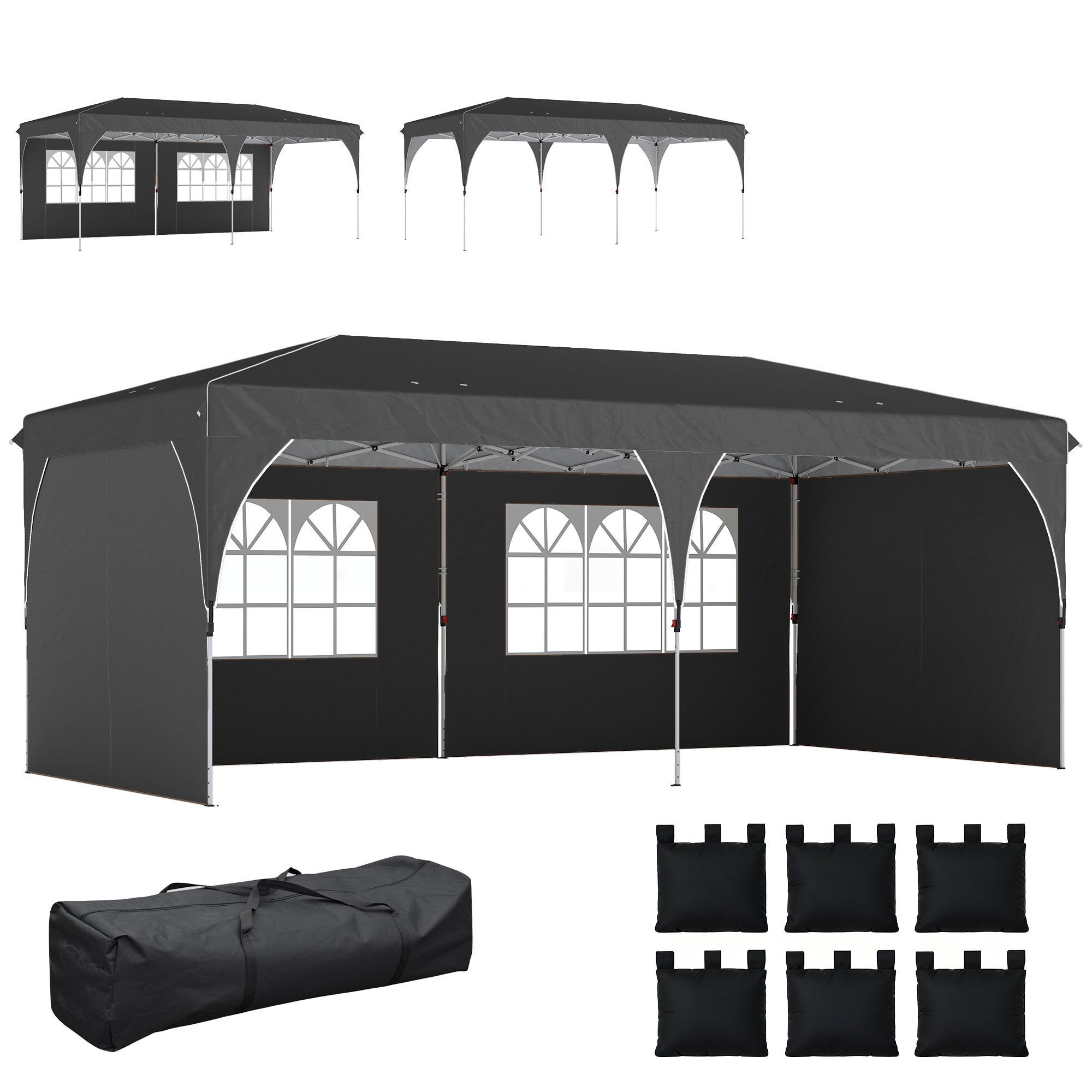 Outsunny Carpa Plegable 6x3 m, Pop-up, con 4 Laterales Extraíbles, Cenador de Jardín con Tiras Reflectantes, Altura Ajustable, Sistema Central de Bloqueo, UPF50+, Impermeable, Bolsa Transporte, Gris