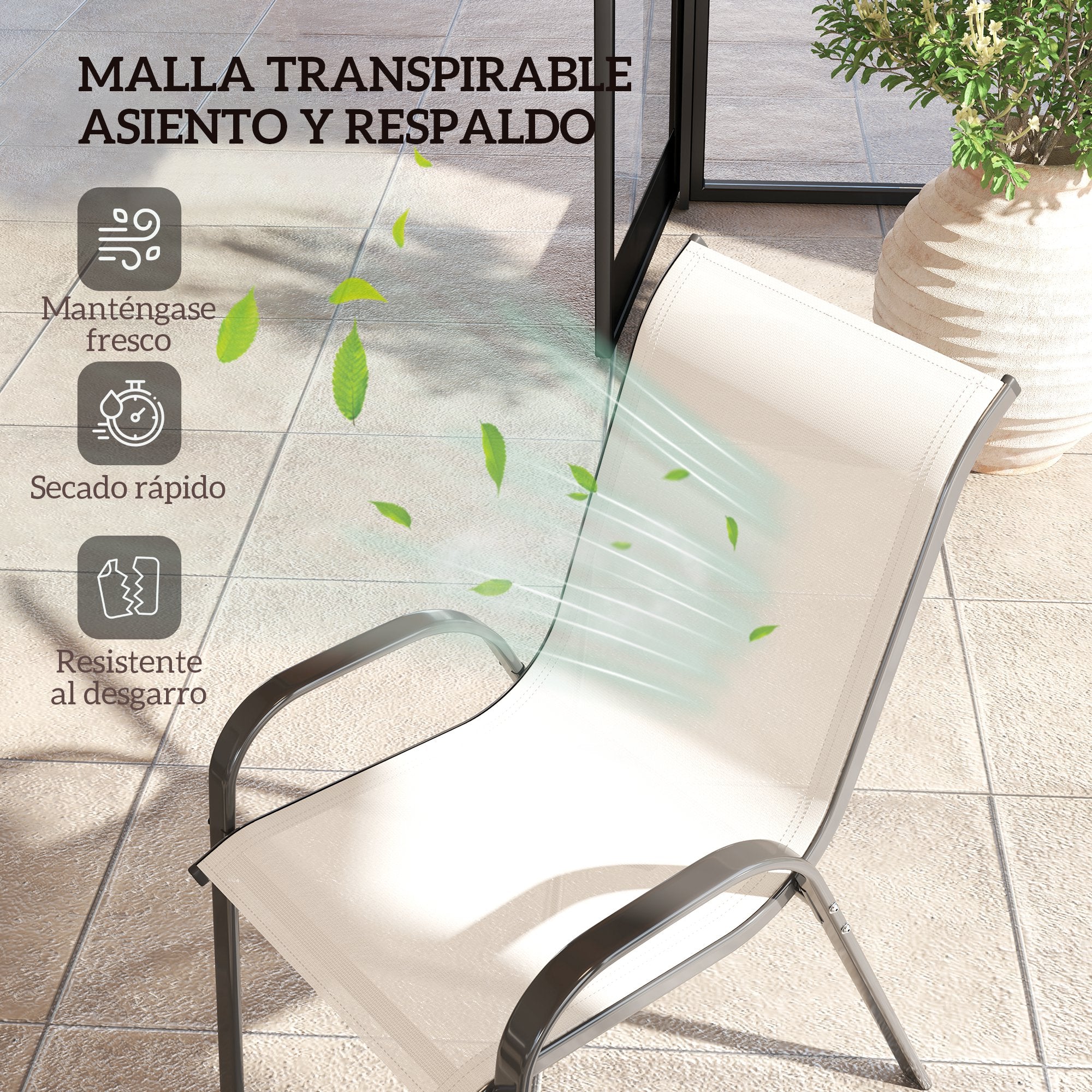 Outsunny Juego de 4 Sillas de Jardín Exterior, Sillas Terraza Exterior Apilables, Sillas de Jardín con Tela Transpirable, Marco de Acero, Reposabrazos y Respaldo, 54x71x93 cm, Beige y Negro