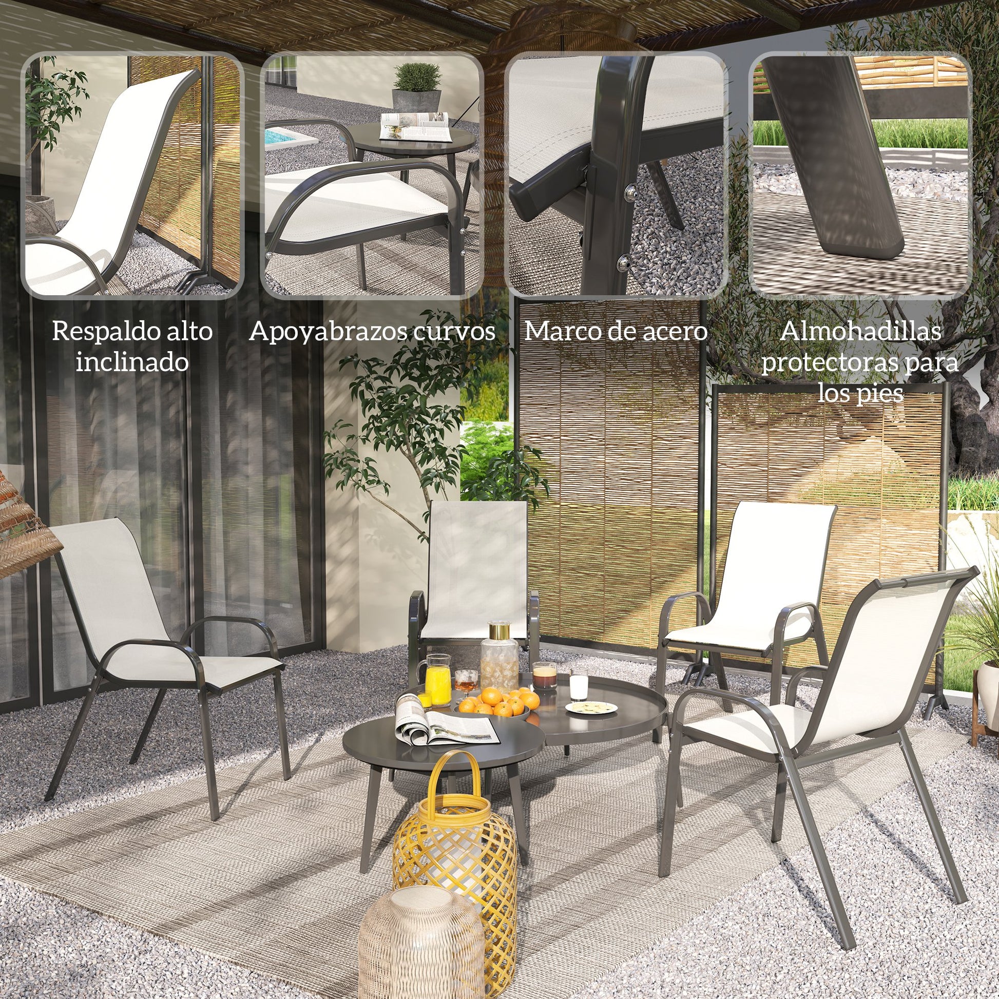 Outsunny Juego de 4 Sillas de Jardín Exterior, Sillas Terraza Exterior Apilables, Sillas de Jardín con Tela Transpirable, Marco de Acero, Reposabrazos y Respaldo, 54x71x93 cm, Beige y Negro
