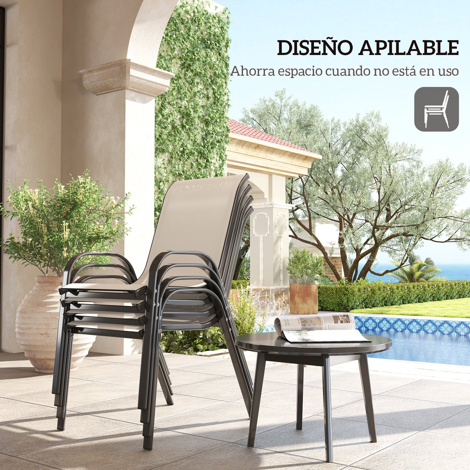 Outsunny Juego de 4 Sillas de Jardín Exterior, Sillas Terraza Exterior Apilables, Sillas de Jardín con Tela Transpirable, Marco de Acero, Reposabrazos y Respaldo, 54x71x93 cm, Beige y Negro