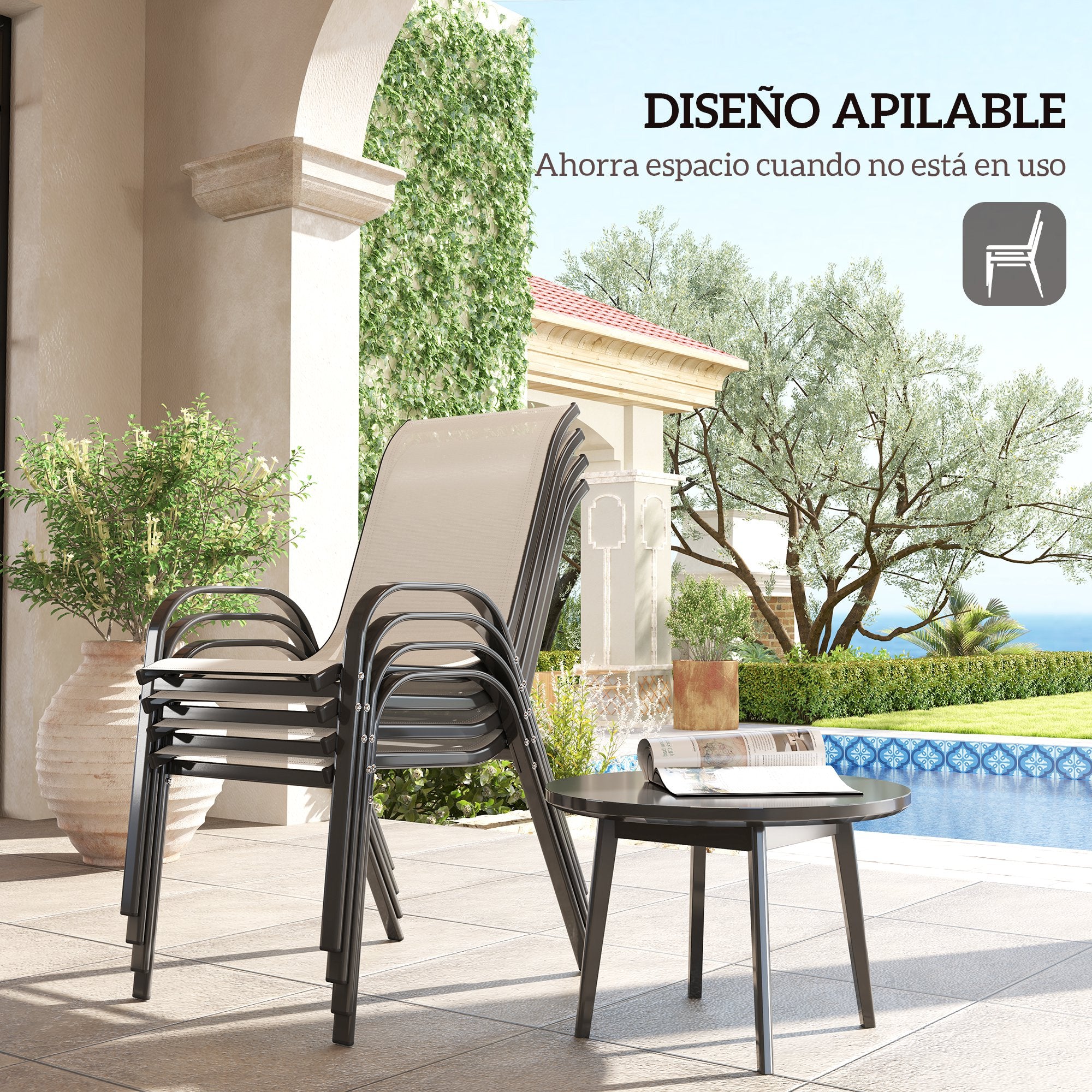 Outsunny Juego de 4 Sillas de Jardín Exterior, Sillas Terraza Exterior Apilables, Sillas de Jardín con Tela Transpirable, Marco de Acero, Reposabrazos y Respaldo, 54x71x93 cm, Beige y Negro