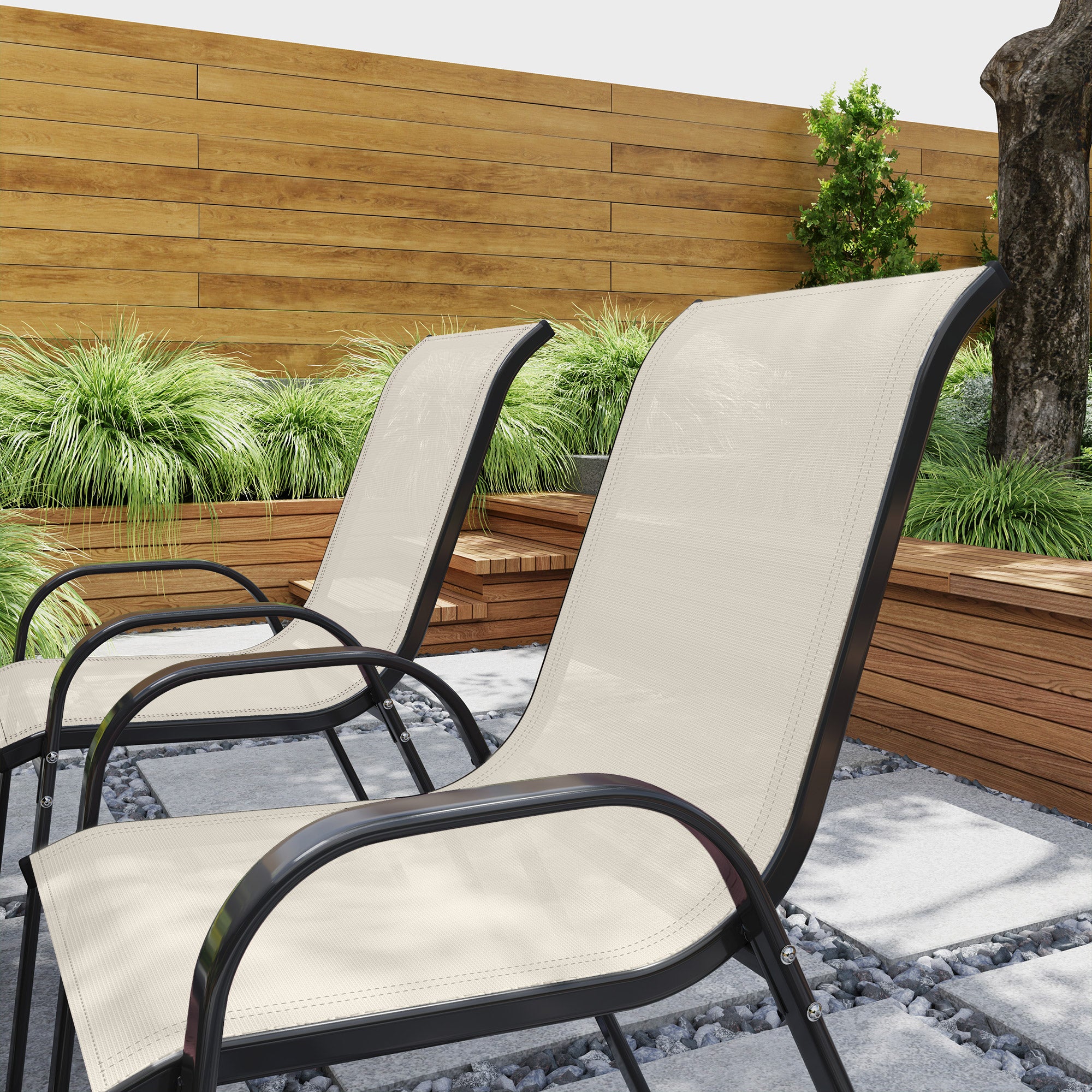 Outsunny Juego de 4 Sillas de Jardín Exterior, Sillas Terraza Exterior Apilables, Sillas de Jardín con Tela Transpirable, Marco de Acero, Reposabrazos y Respaldo, 54x71x93 cm, Beige y Negro