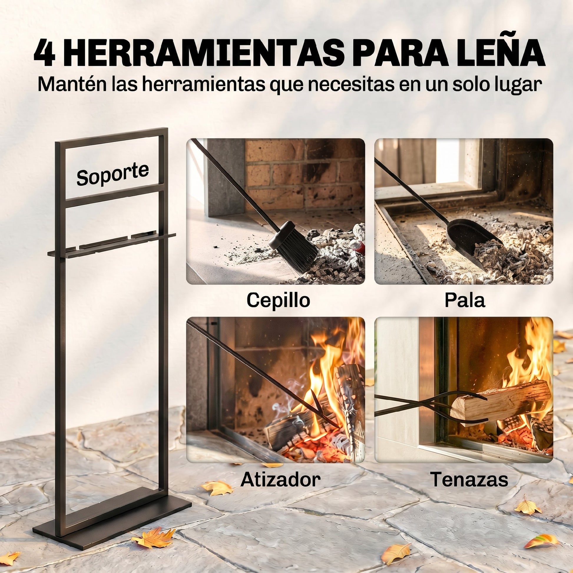 Outsunny Juego Utensilios Chimenea de 5 Piezas, Juego de Accesorios para Chimenea de Metal con Cepillo, Pala, 1 Par de Pinzas, Atizador y Soporte, 28x15x76 cm, Negro
