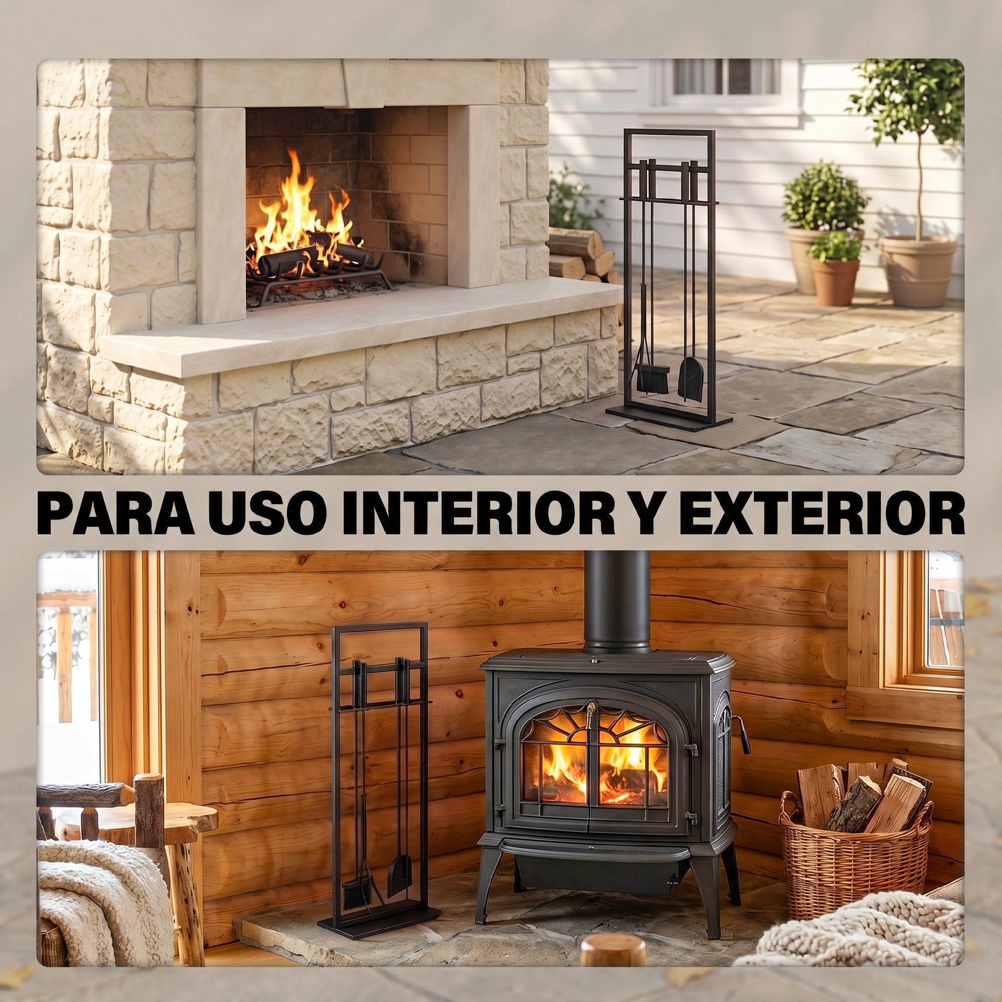 Outsunny Juego Utensilios Chimenea de 5 Piezas, Juego de Accesorios para Chimenea de Metal con Cepillo, Pala, 1 Par de Pinzas, Atizador y Soporte, 28x15x76 cm, Negro