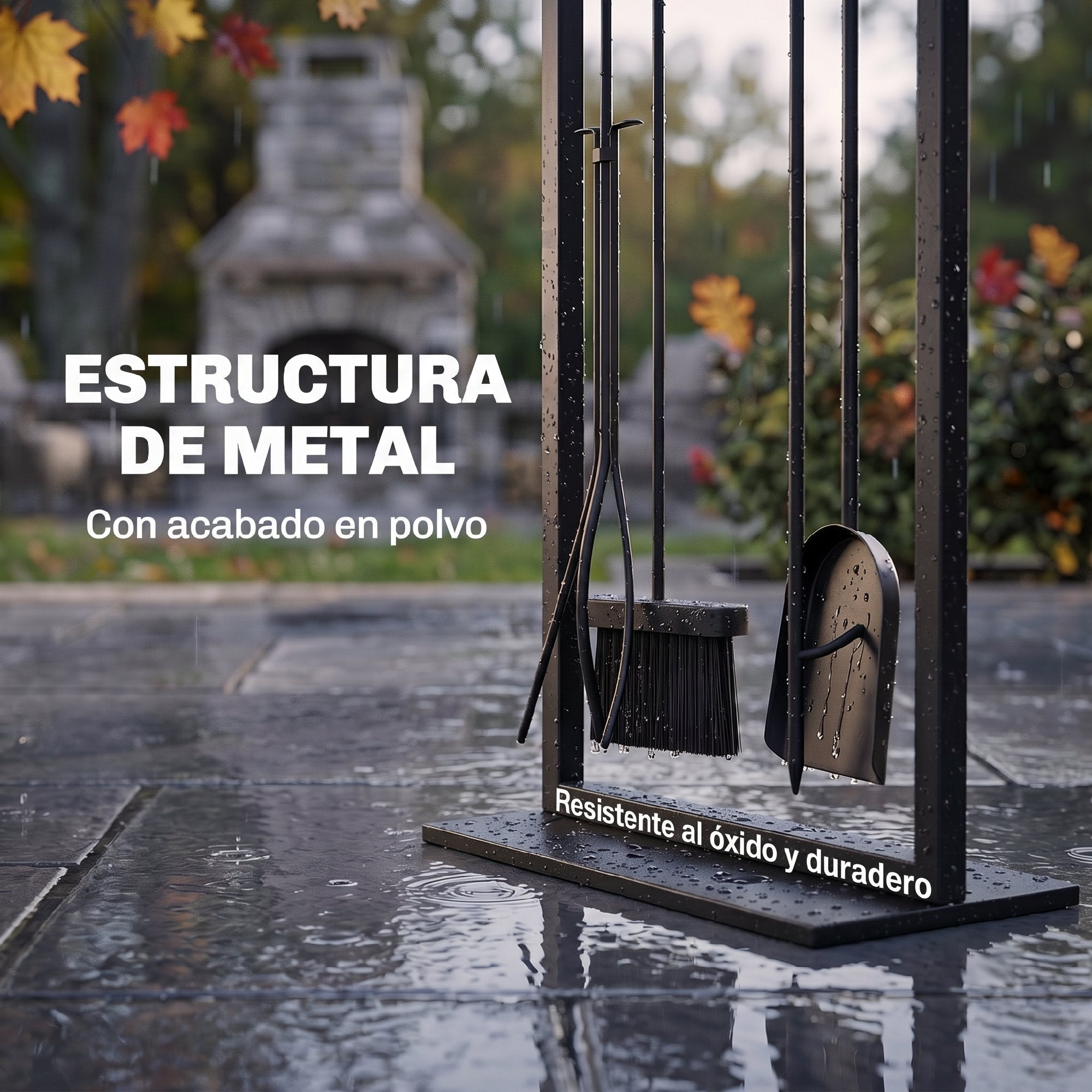 Outsunny Juego Utensilios Chimenea de 5 Piezas, Juego de Accesorios para Chimenea de Metal con Cepillo, Pala, 1 Par de Pinzas, Atizador y Soporte, 28x15x76 cm, Negro