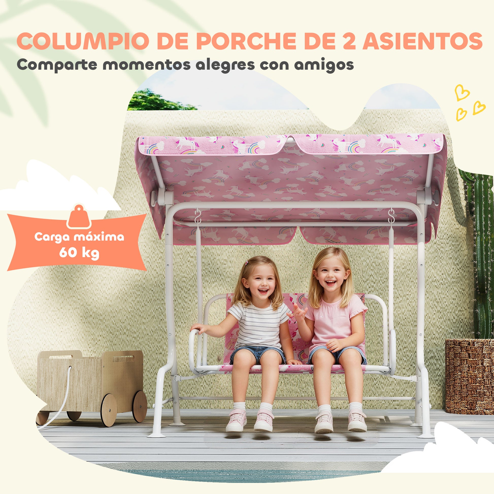 AIYAPLAY Columpio de Jardín Exterior para Niños de 2 Plazas, Balancín de Jardín, Toldo Ajustable, con Cinturones de Seguridad, Diseño de Unicornio y Arcoíris, para Interior, Patio, 112x75x120 cm, Rosa