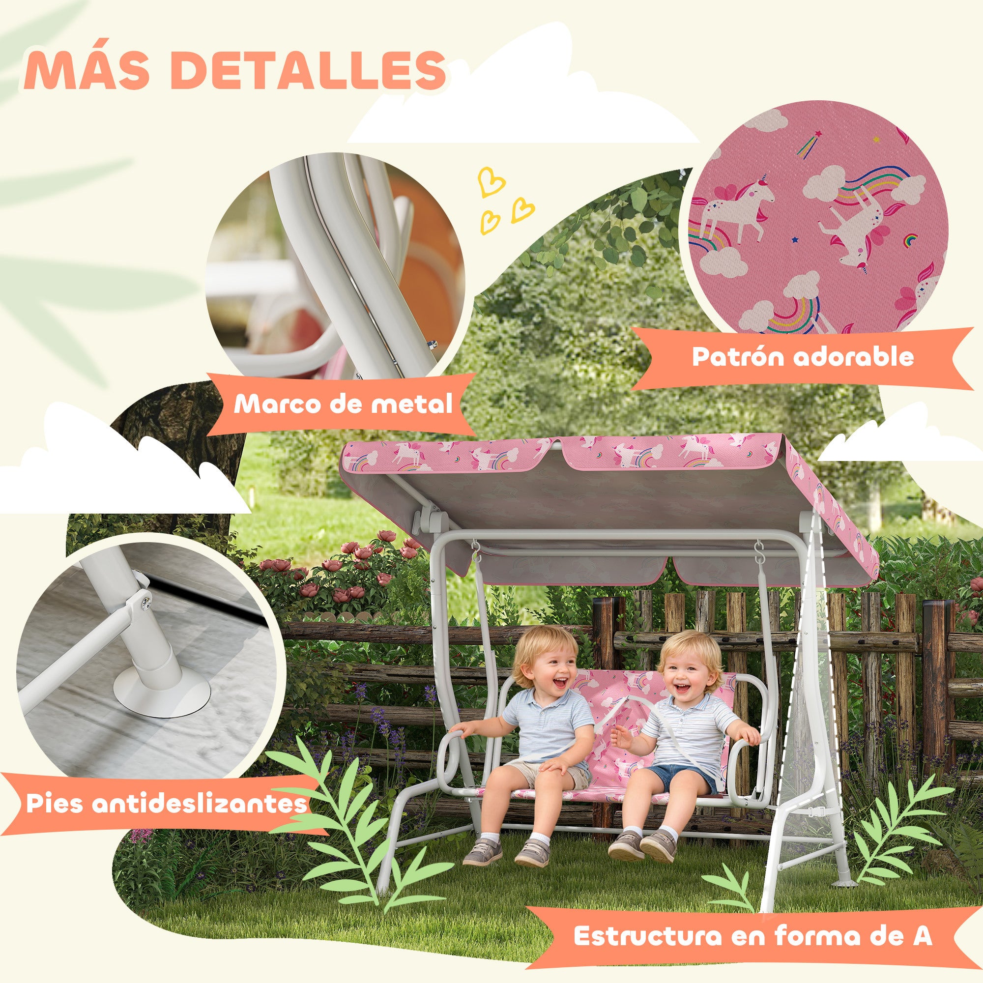 AIYAPLAY Columpio de Jardín Exterior para Niños de 2 Plazas, Balancín de Jardín, Toldo Ajustable, con Cinturones de Seguridad, Diseño de Unicornio y Arcoíris, para Interior, Patio, 112x75x120 cm, Rosa