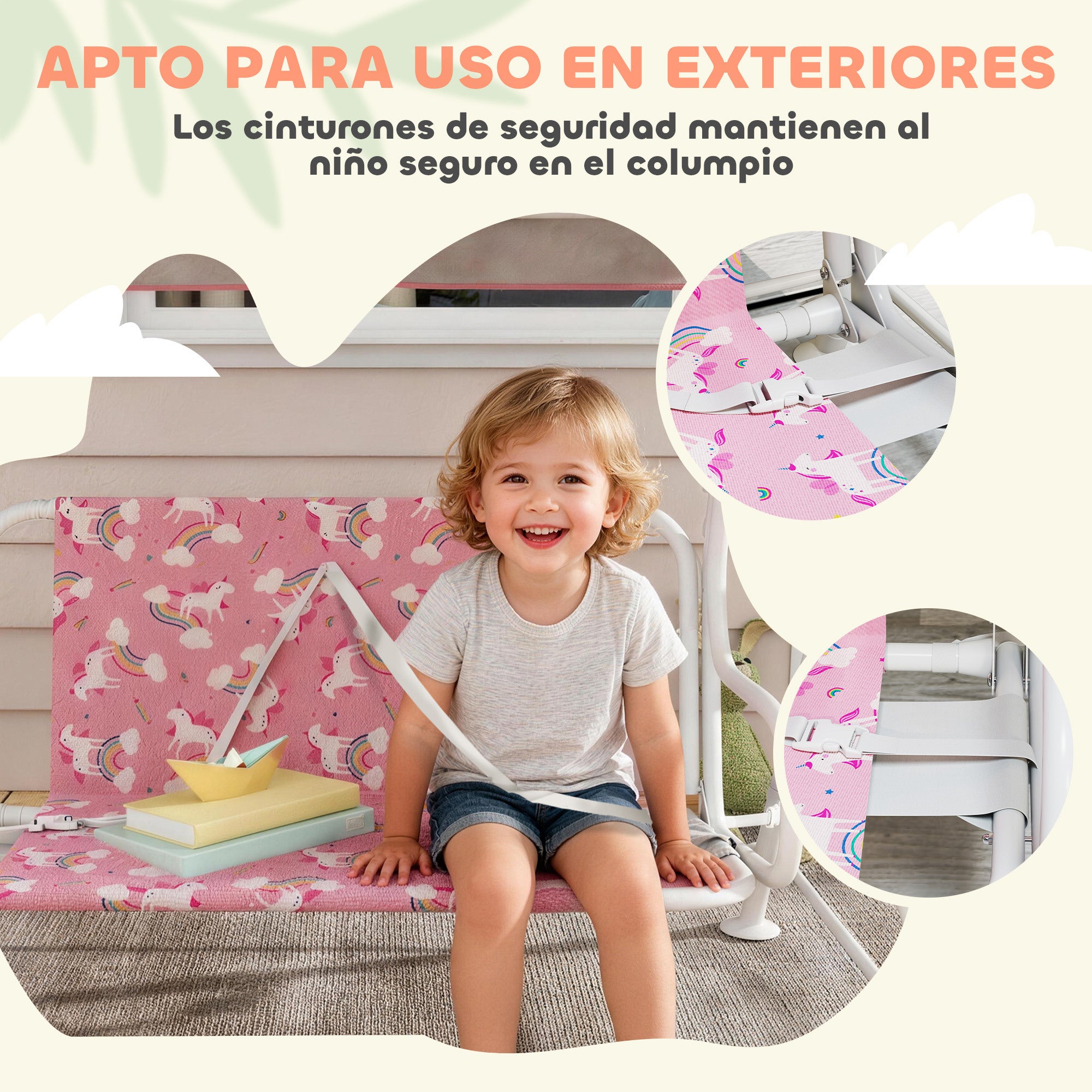 AIYAPLAY Columpio de Jardín Exterior para Niños de 2 Plazas, Balancín de Jardín, Toldo Ajustable, con Cinturones de Seguridad, Diseño de Unicornio y Arcoíris, para Interior, Patio, 112x75x120 cm, Rosa