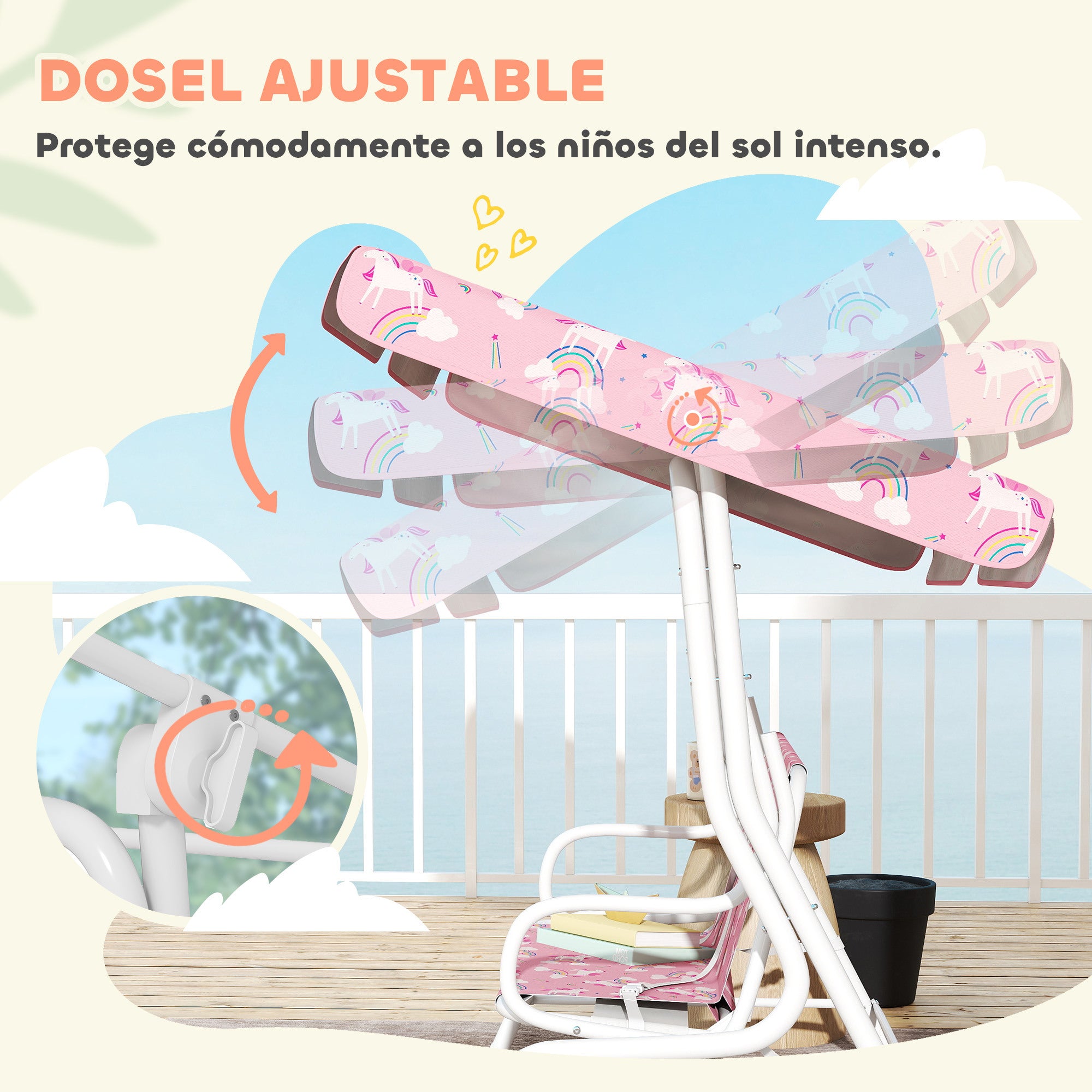 AIYAPLAY Columpio de Jardín Exterior para Niños de 2 Plazas, Balancín de Jardín, Toldo Ajustable, con Cinturones de Seguridad, Diseño de Unicornio y Arcoíris, para Interior, Patio, 112x75x120 cm, Rosa