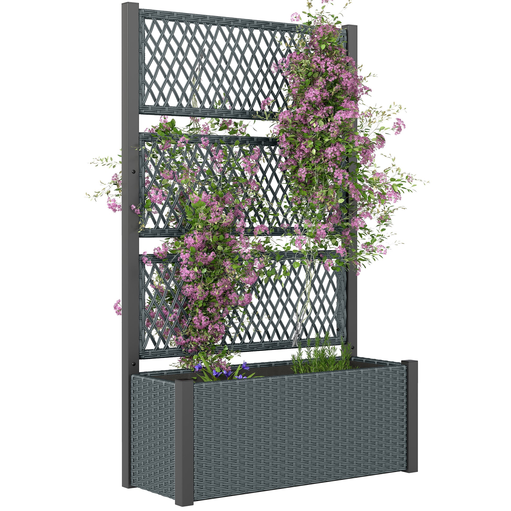 Outsunny Jardinera con Enrejado de Ratán, Jardinera Exterior Grande para Plantas Trepadoras, Maceta con Forro, para Jardín, Patio, Terraza, 90x35x148 cm, Gris Oscuro