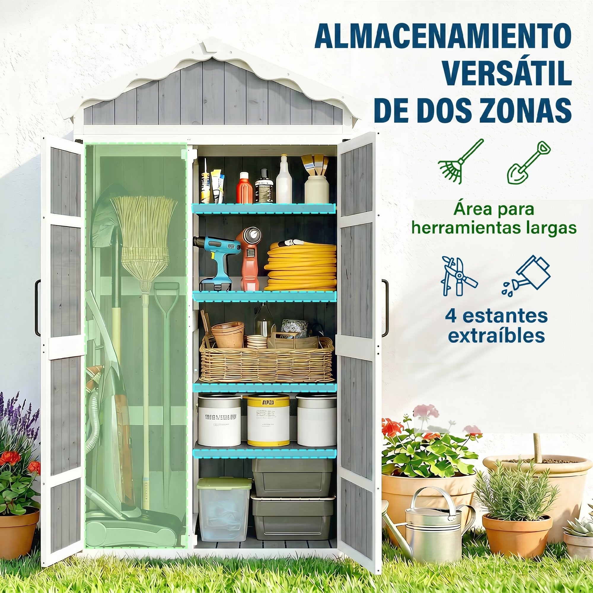 Outsunny Caseta de Jardín de Madera 105x55x179 cm Cobertizo Jardín Exterior Impermeable Armario Exterior Herramientas con Puertas 4 Estantes Extraíbles Techo Metal Galvanizado Pies Ajustables Gris