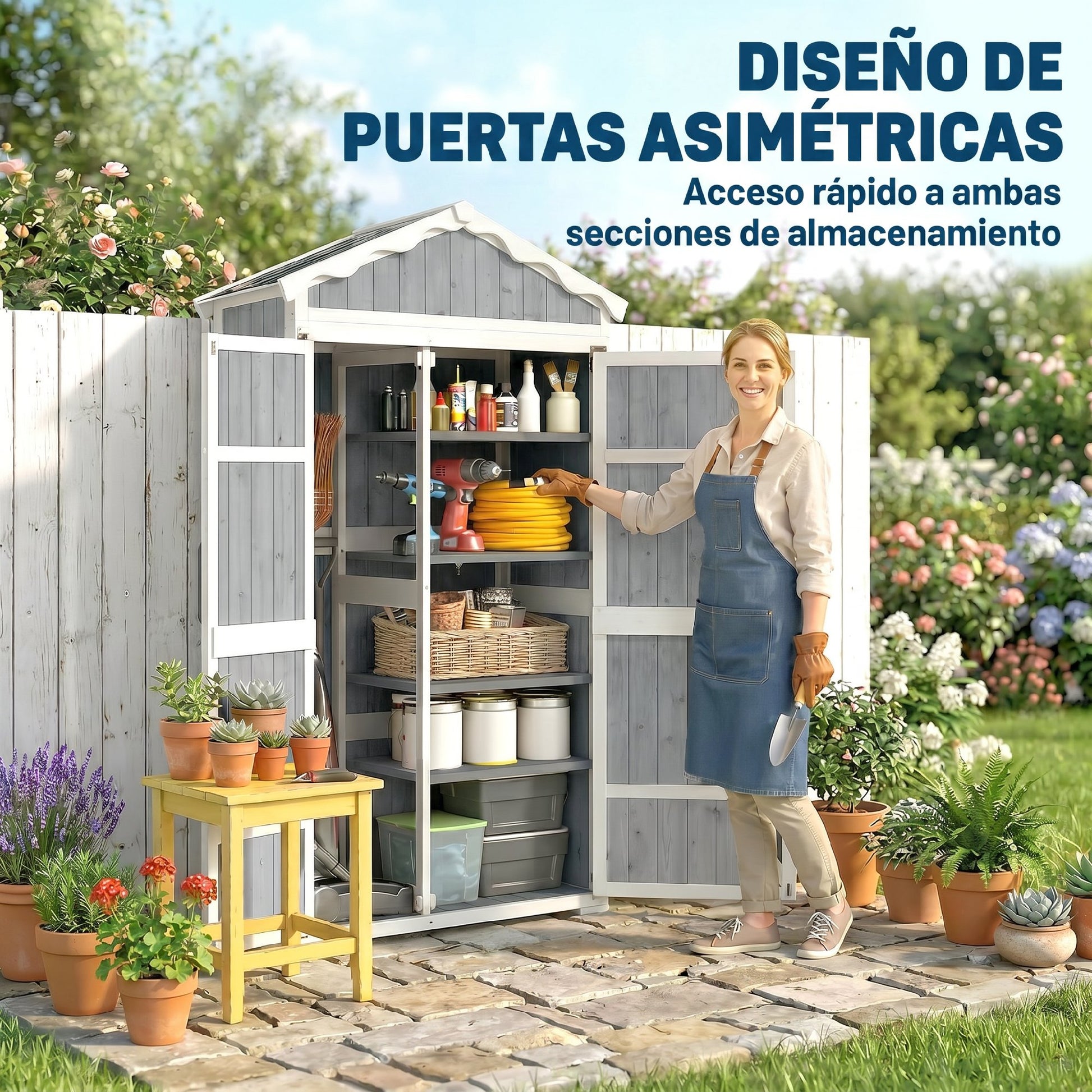 Outsunny Caseta de Jardín de Madera 105x55x179 cm Cobertizo Jardín Exterior Impermeable Armario Exterior Herramientas con Puertas 4 Estantes Extraíbles Techo Metal Galvanizado Pies Ajustables Gris