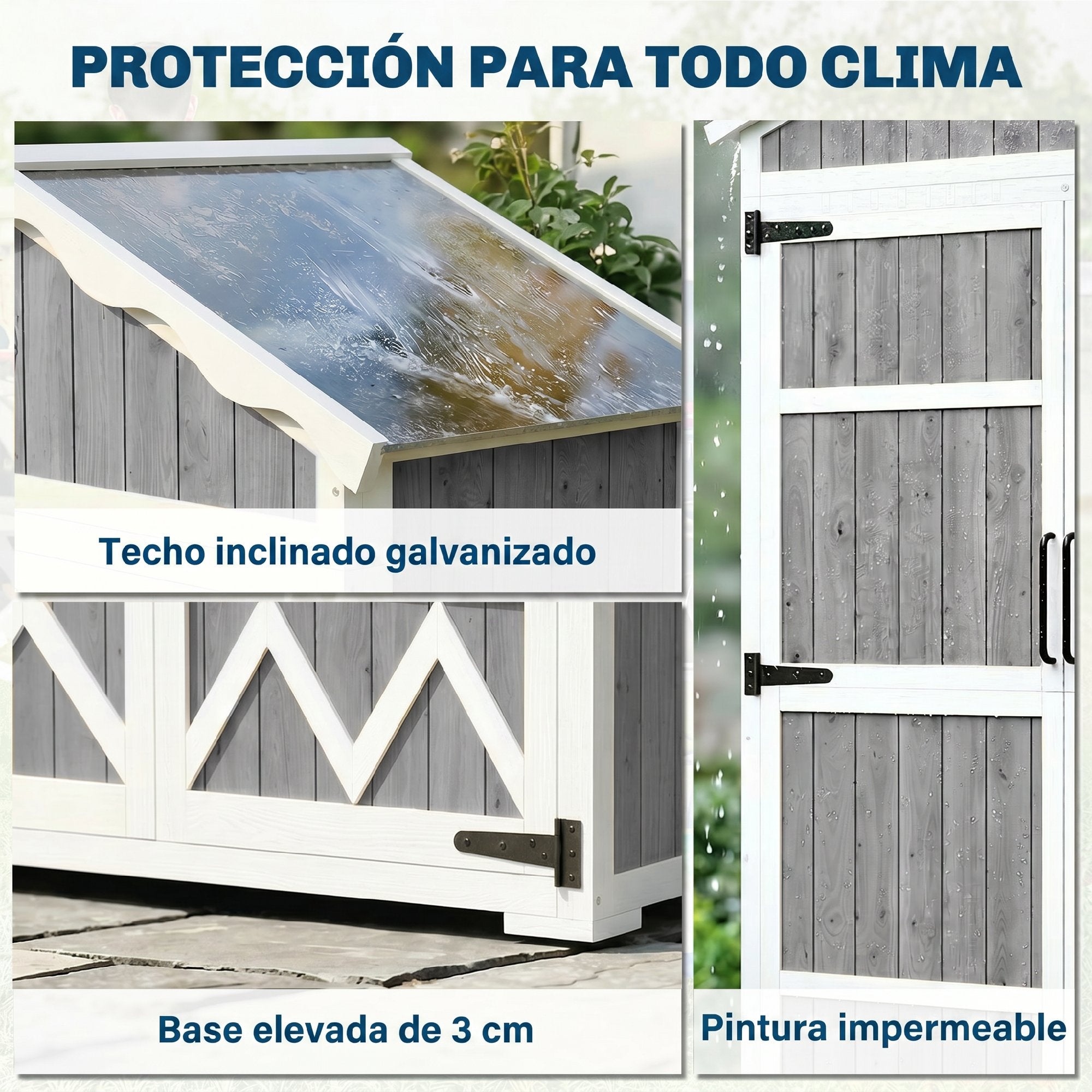 Outsunny Caseta de Jardín de Madera 105x55x179 cm Cobertizo Jardín Exterior Impermeable Armario Exterior Herramientas con Puertas 4 Estantes Extraíbles Techo Metal Galvanizado Pies Ajustables Gris