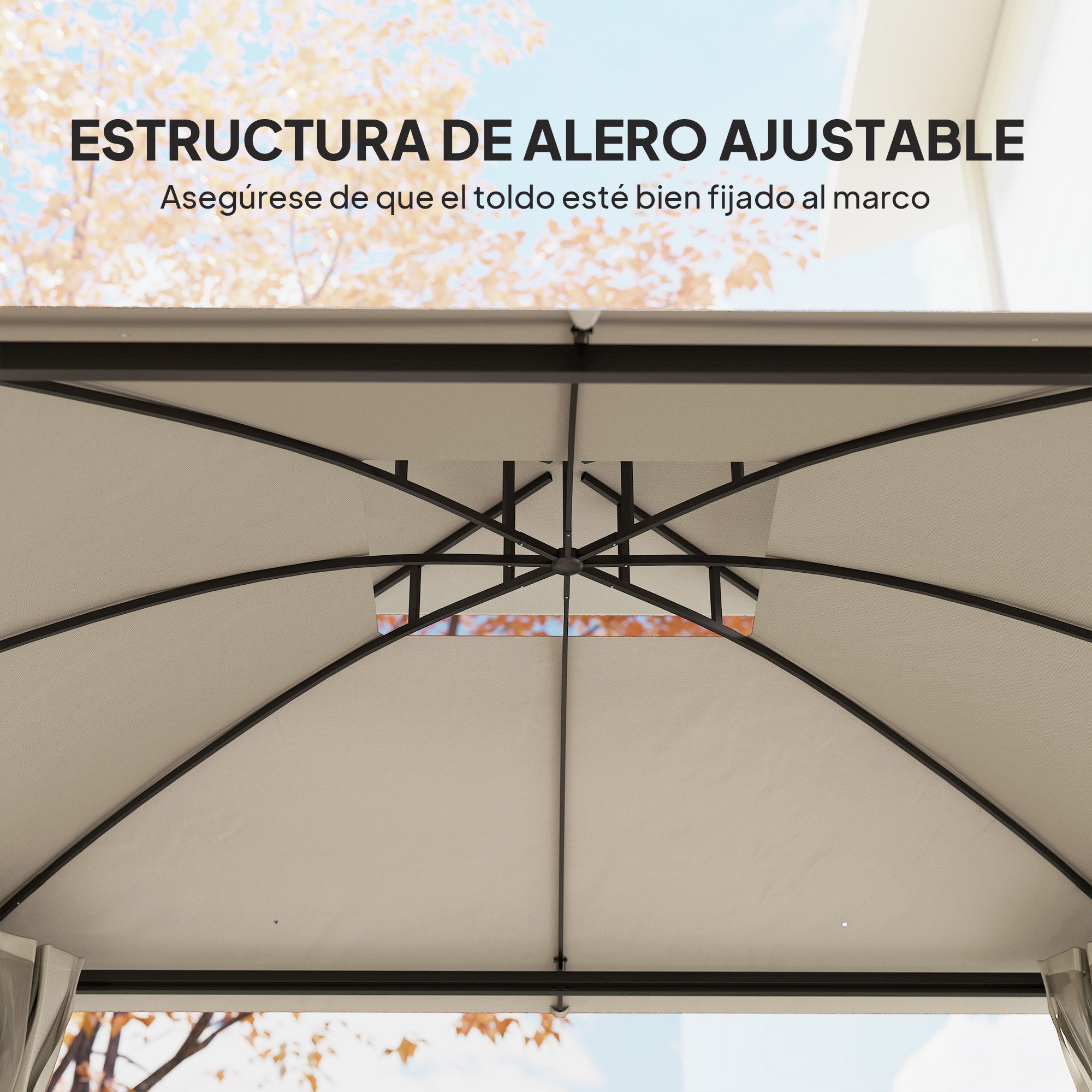 Outsunny Cenador para Jardín 3x3,7 m, Pabellón de Jardín Gazebo con Doble Techo, Paredes Laterales, Mosquiteras, Marco de Metal, Resistente al Agua, Anti-UV, Carpa para Exterior, Terraza, Patio, Beige